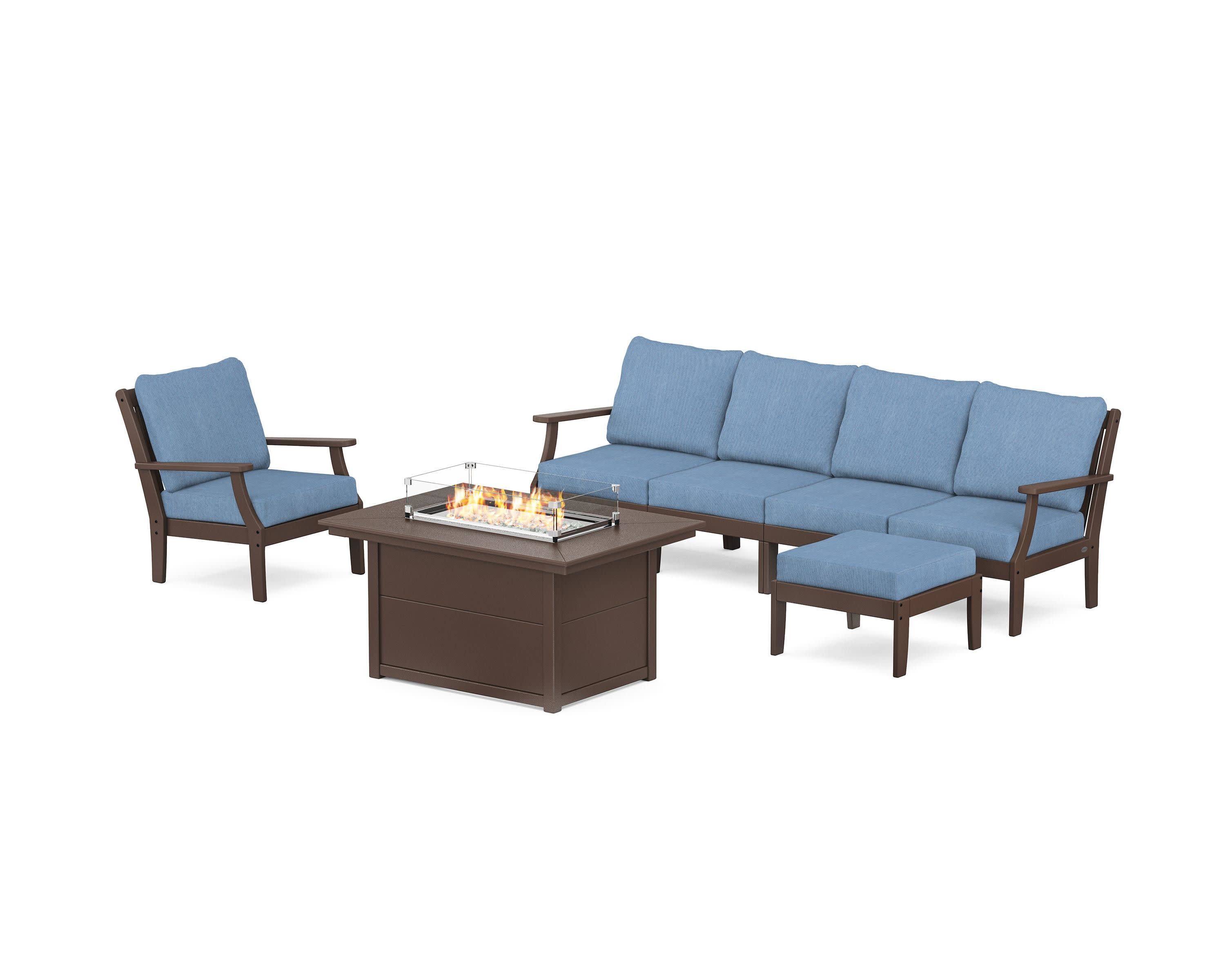 Braxton Sectional Lounge and Fire Pit Set in Mahogany / Sky Blue
