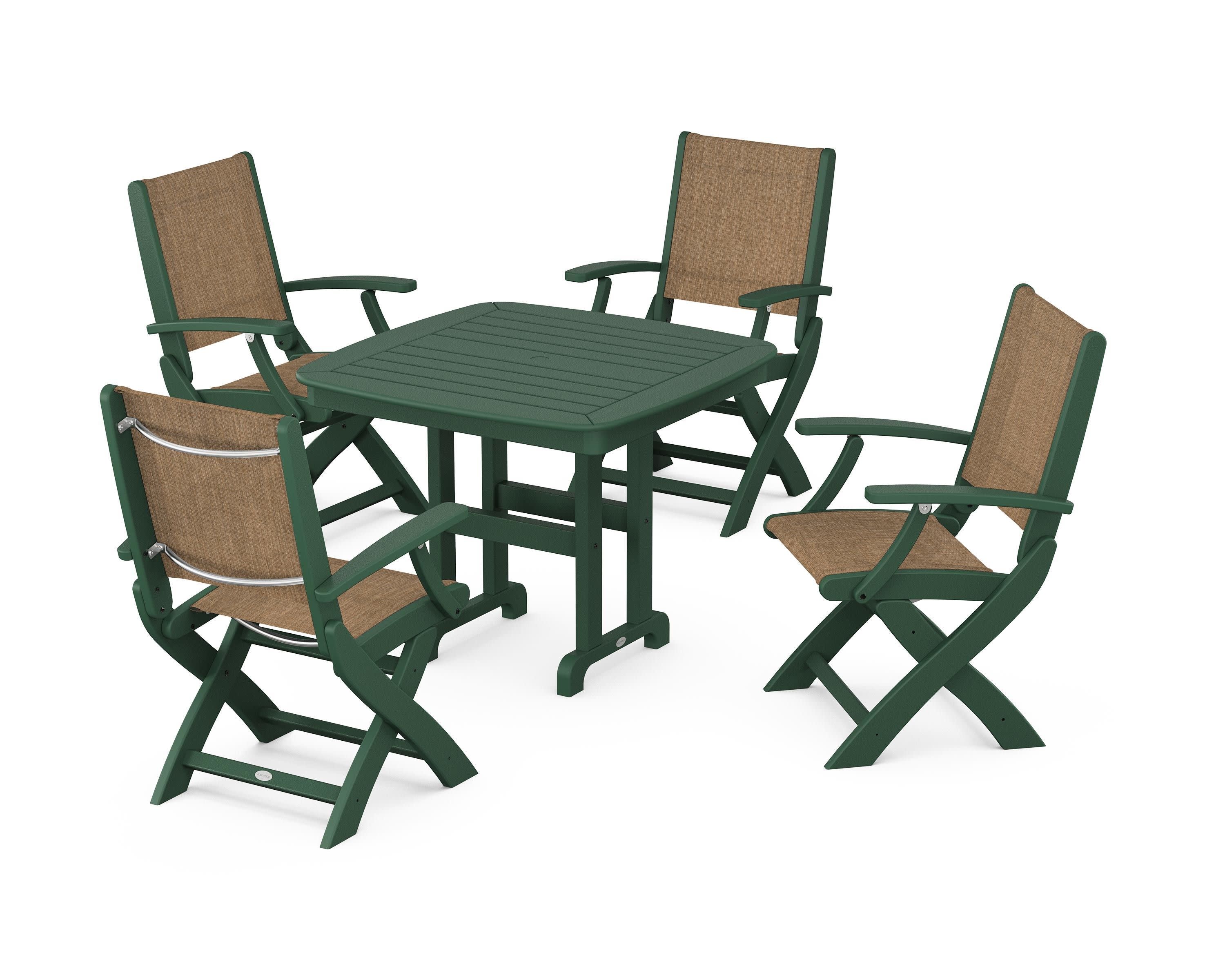 Coastal Folding Chair 5-Piece Dining Set in Green / Burlap Sling