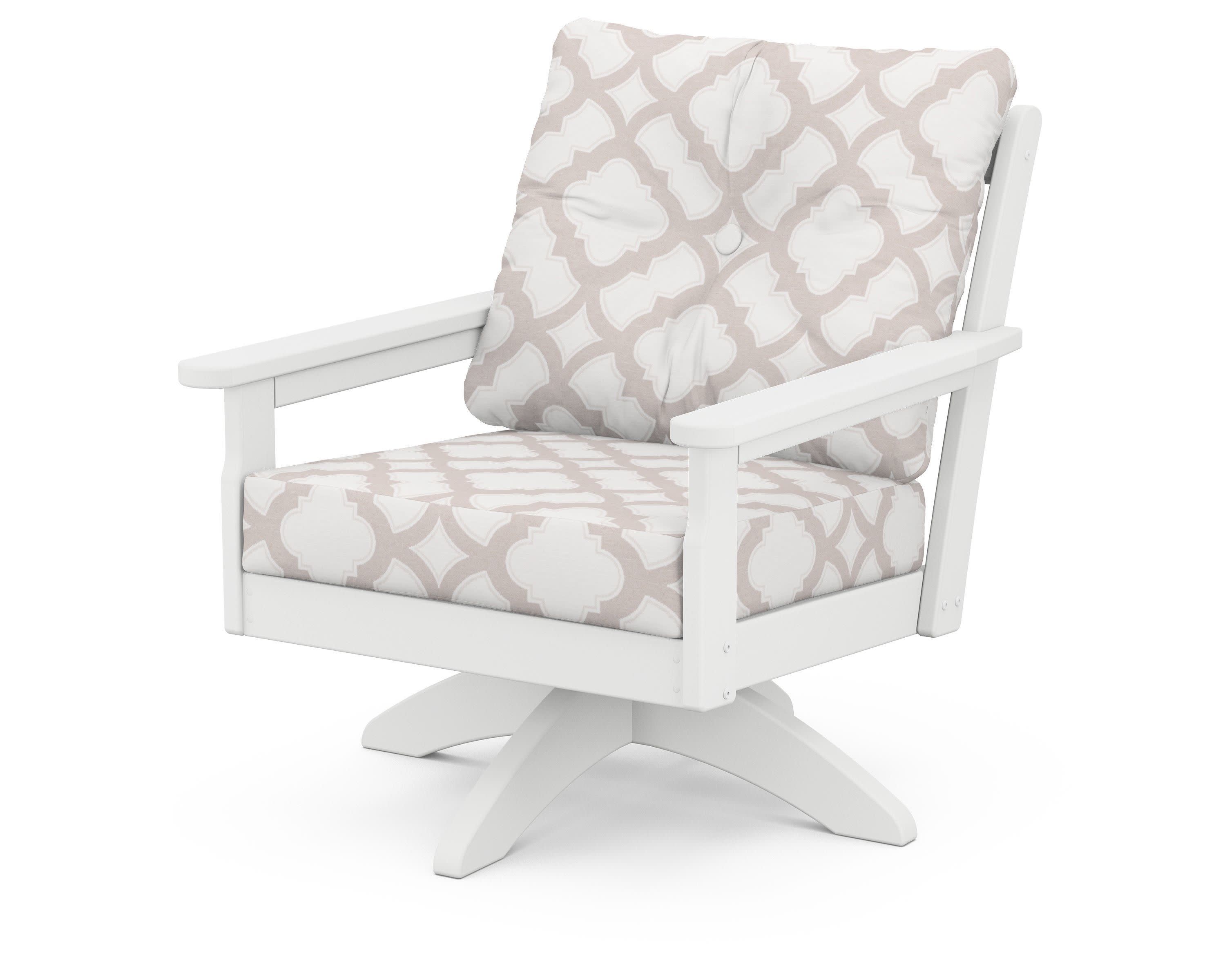 Vineyard Deep Seating Swivel Chair in White / Trellis Dune Burlap