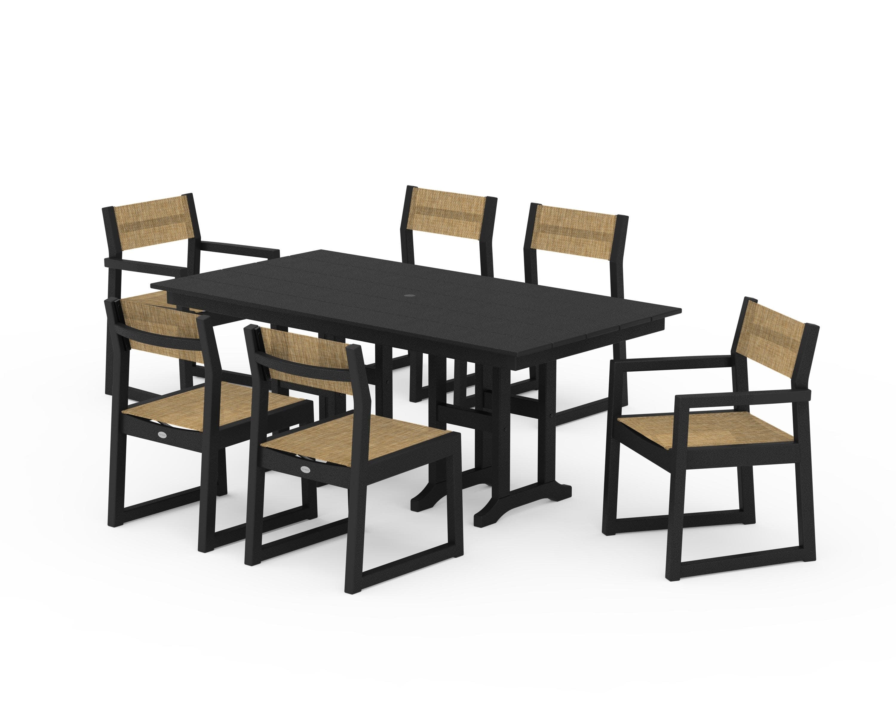 EDGE Sling 7-Piece Farmhouse Dining Set in Black / Burlap Sling