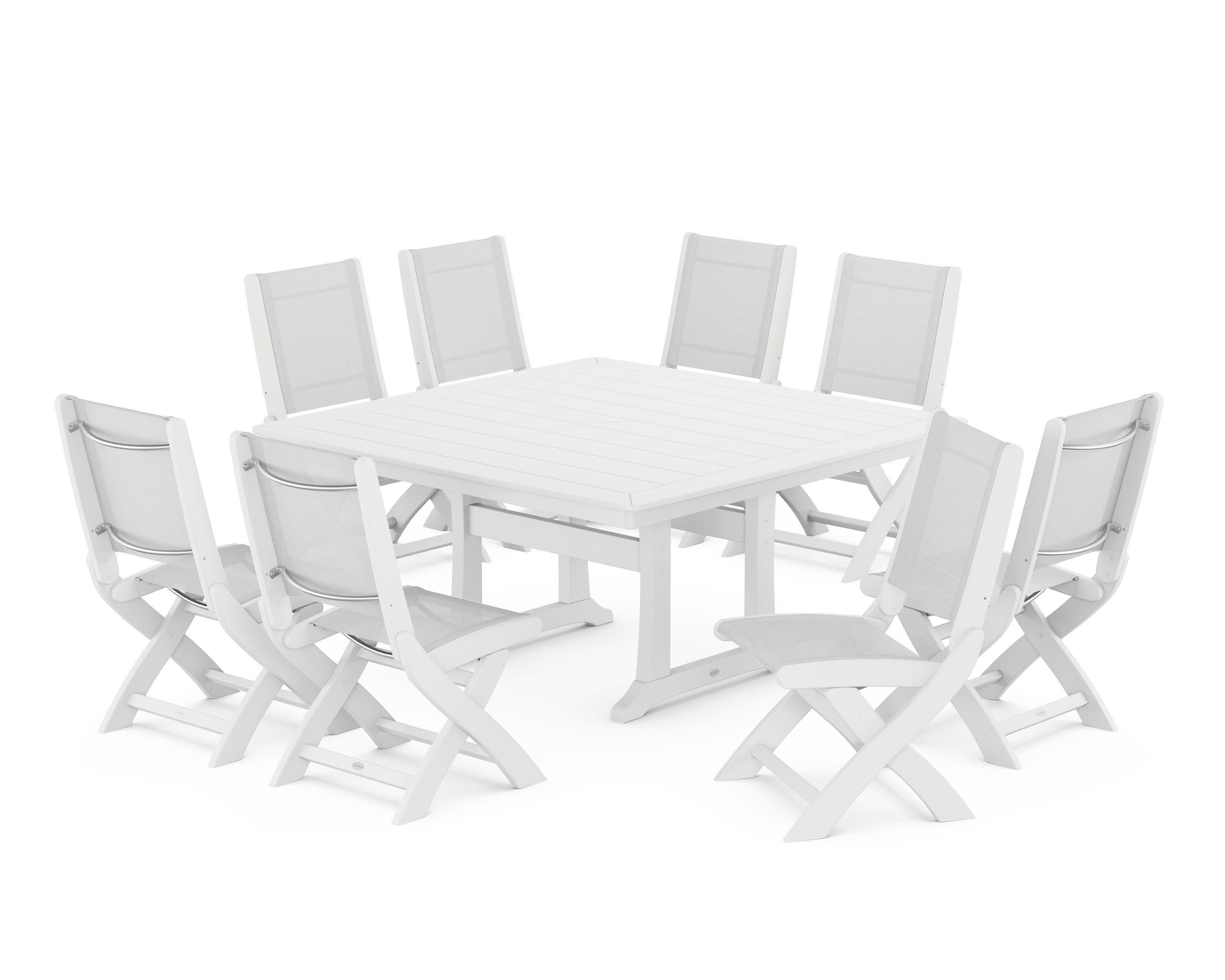 Coastal Folding Side Chair 9-Piece Dining Set with Trestle Legs in White / White Sling