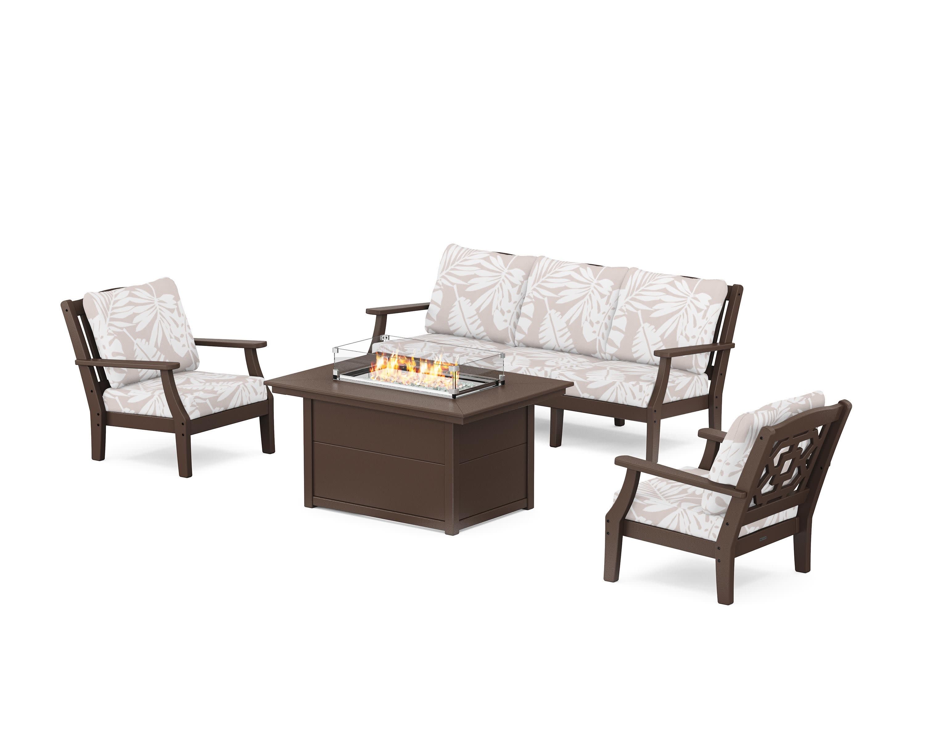 Chinoiserie Deep Seating Fire Pit Table Set in Mahogany / Leaf Dune Burlap