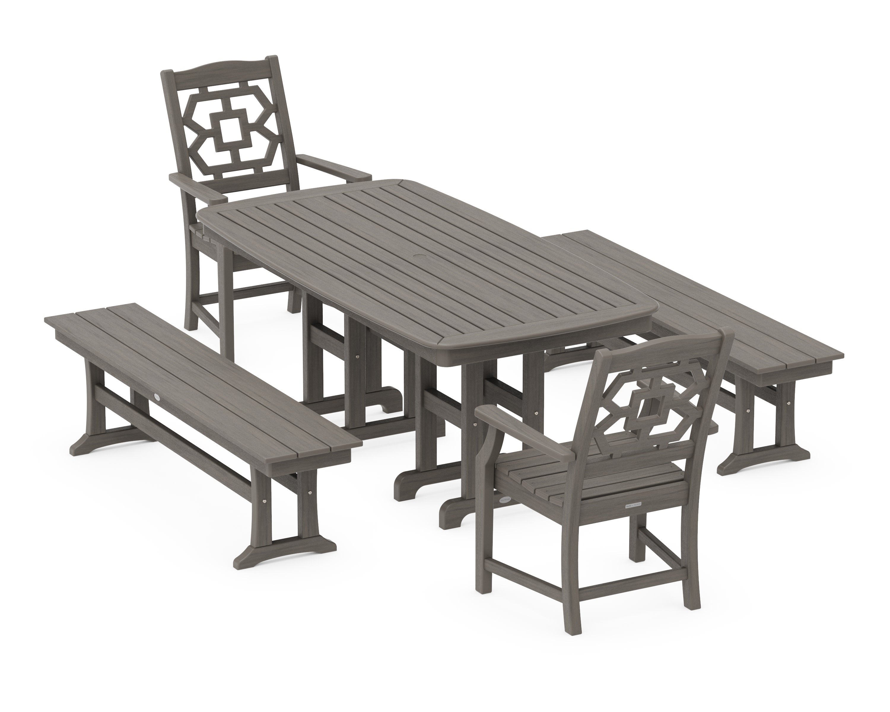 Chinoiserie 5-Piece Dining Set with Benches in Driftwood