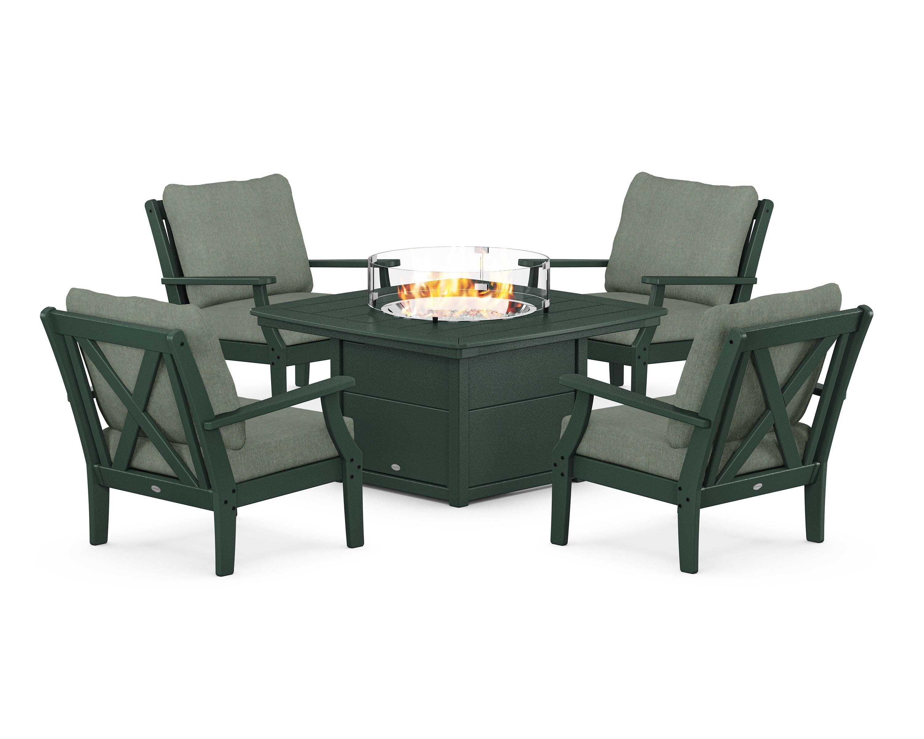 Braxton 5-Piece Deep Seating Conversation Set with Fire Pit Table in Green / Cast Sage