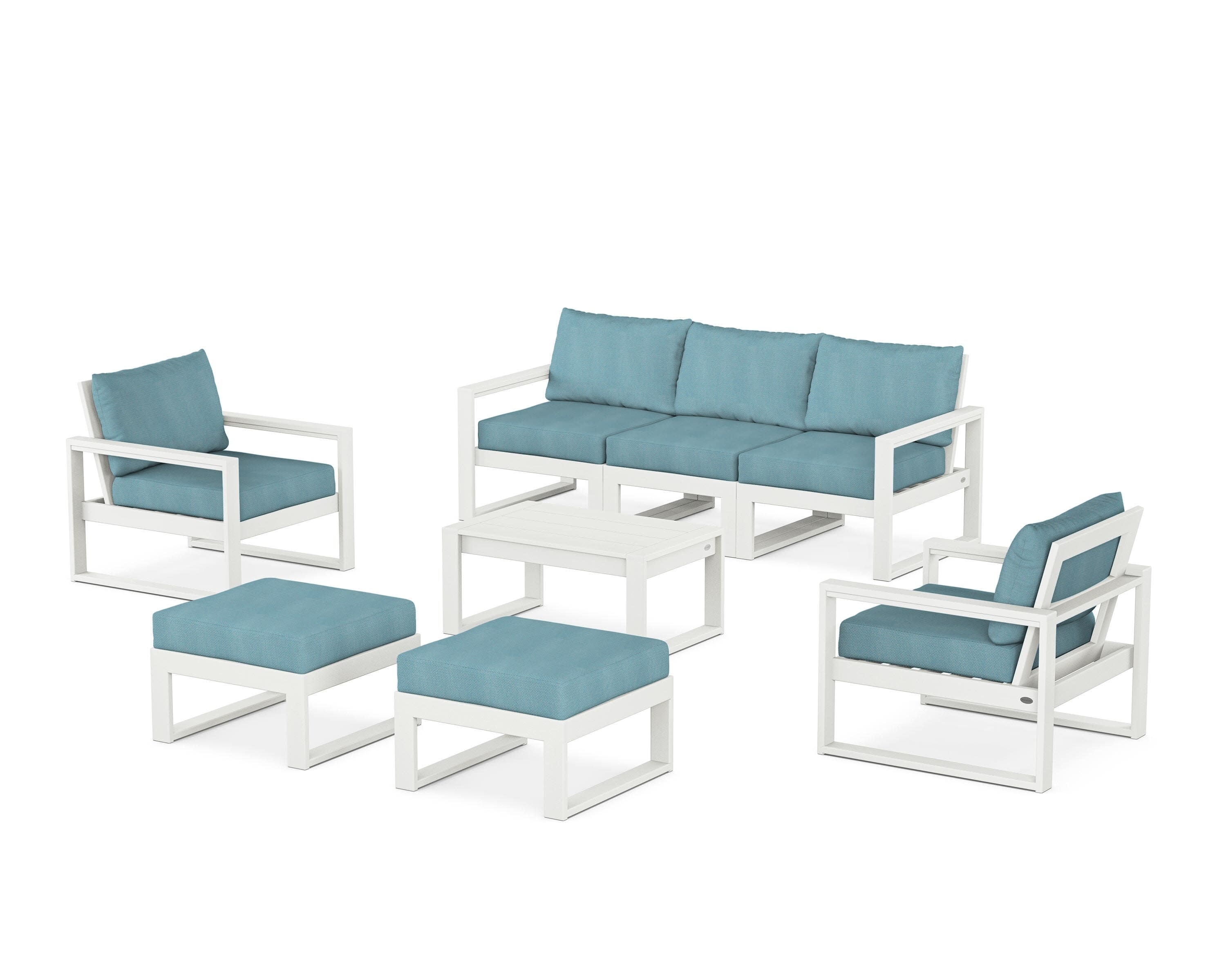 EDGE Sectional 8-Piece Lounge Sofa Set in Vintage White / Lattice Sky Blue
