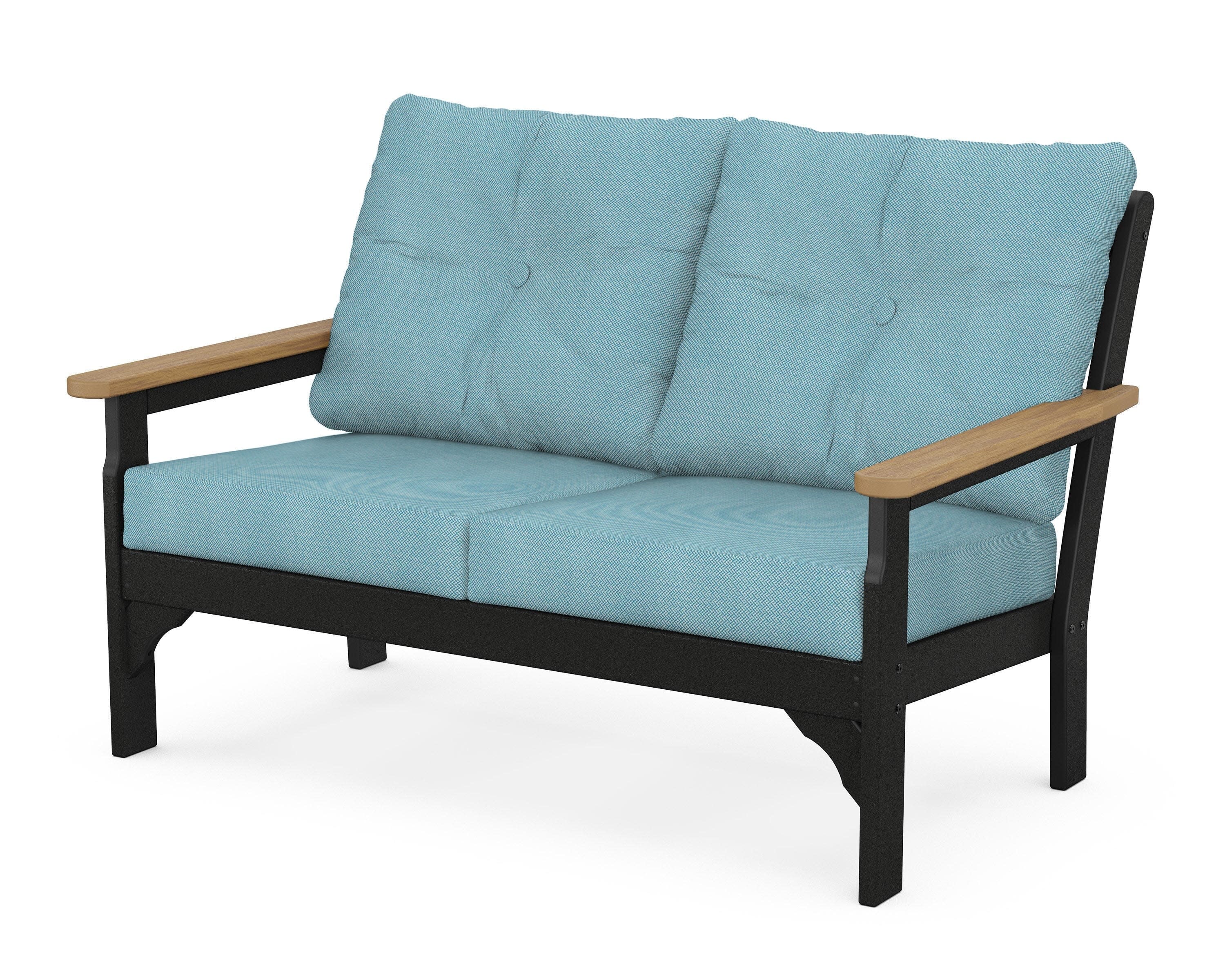 Vineyard Deep Seating Loveseat in Black / Natural / Lattice Sky Blue