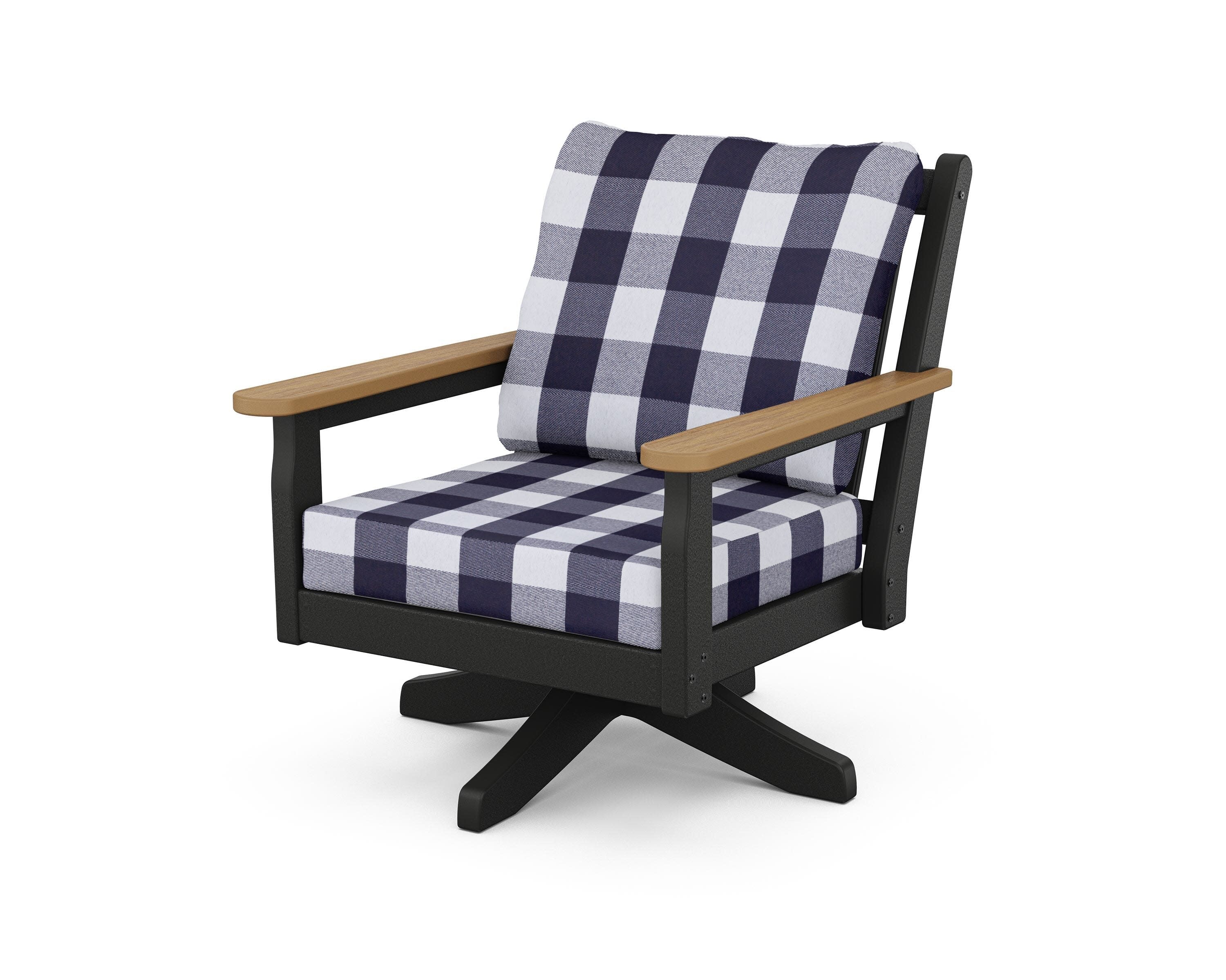 Chippendale Deep Seating Swivel Chair in Black / Natural / Buffalo Plaid Navy
