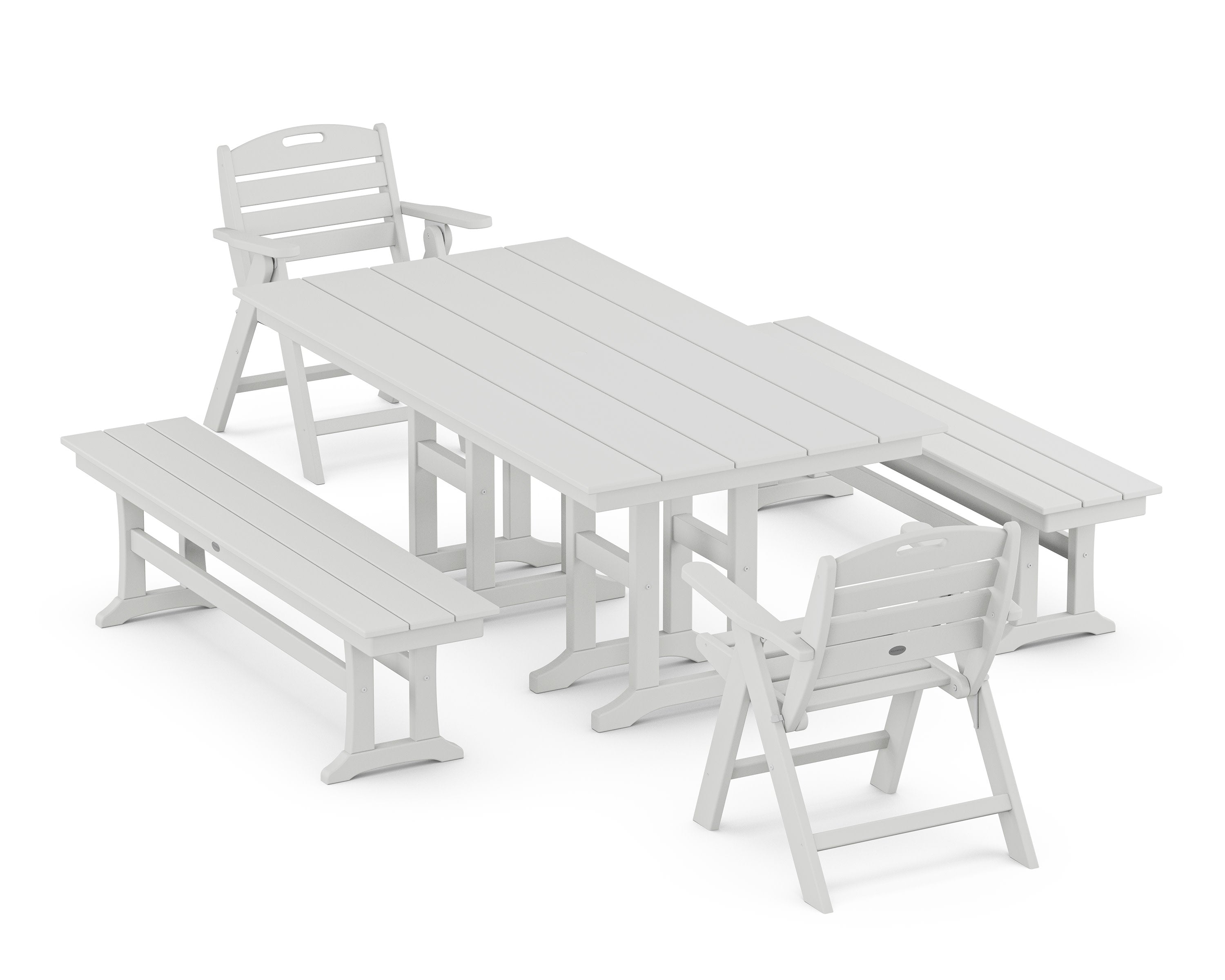 Nautical Lowback 5-Piece Farmhouse Dining Set with Benches in White