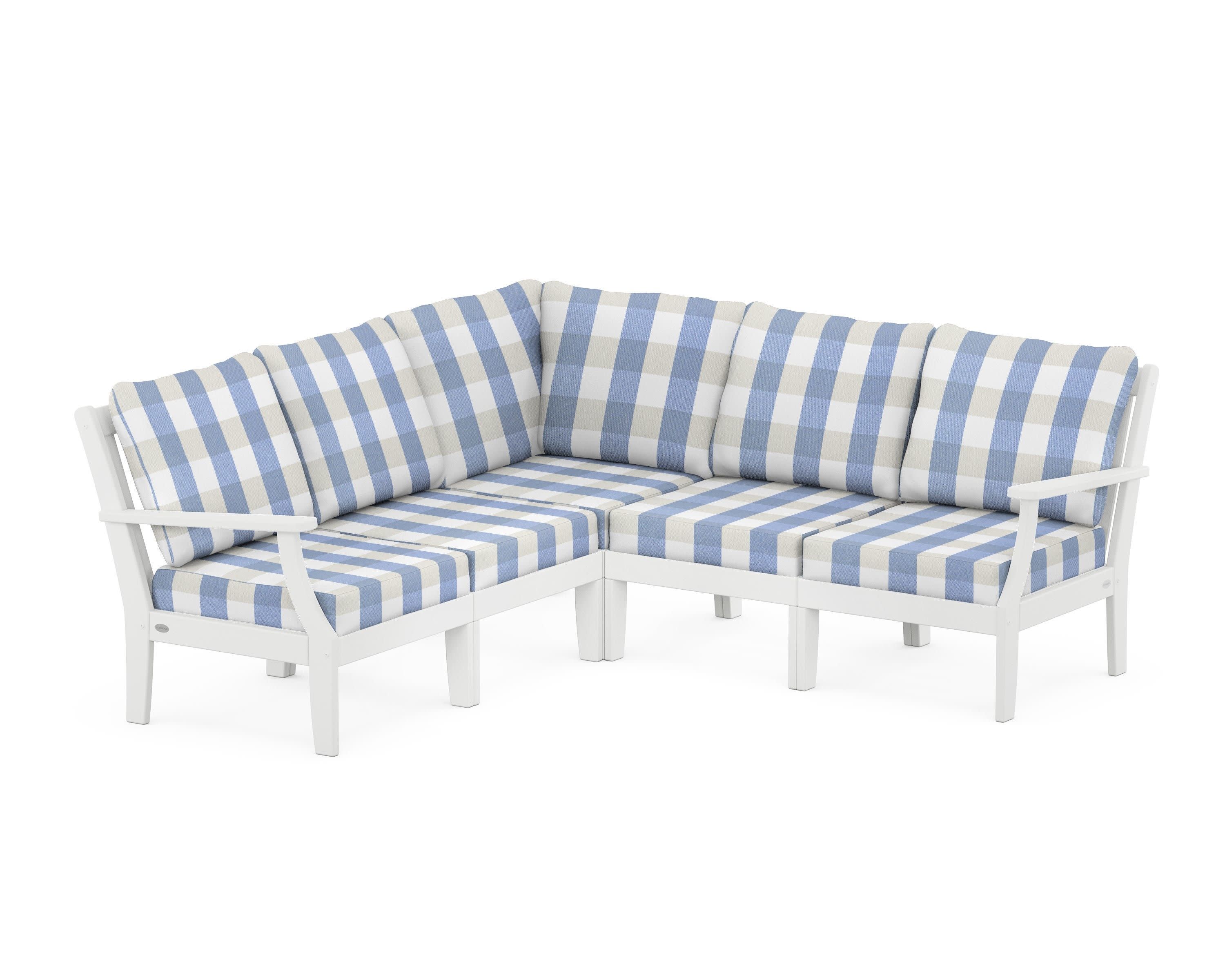 Braxton Modular 5-Piece Deep Seating Set in White / Buffalo Plaid Sky Blue