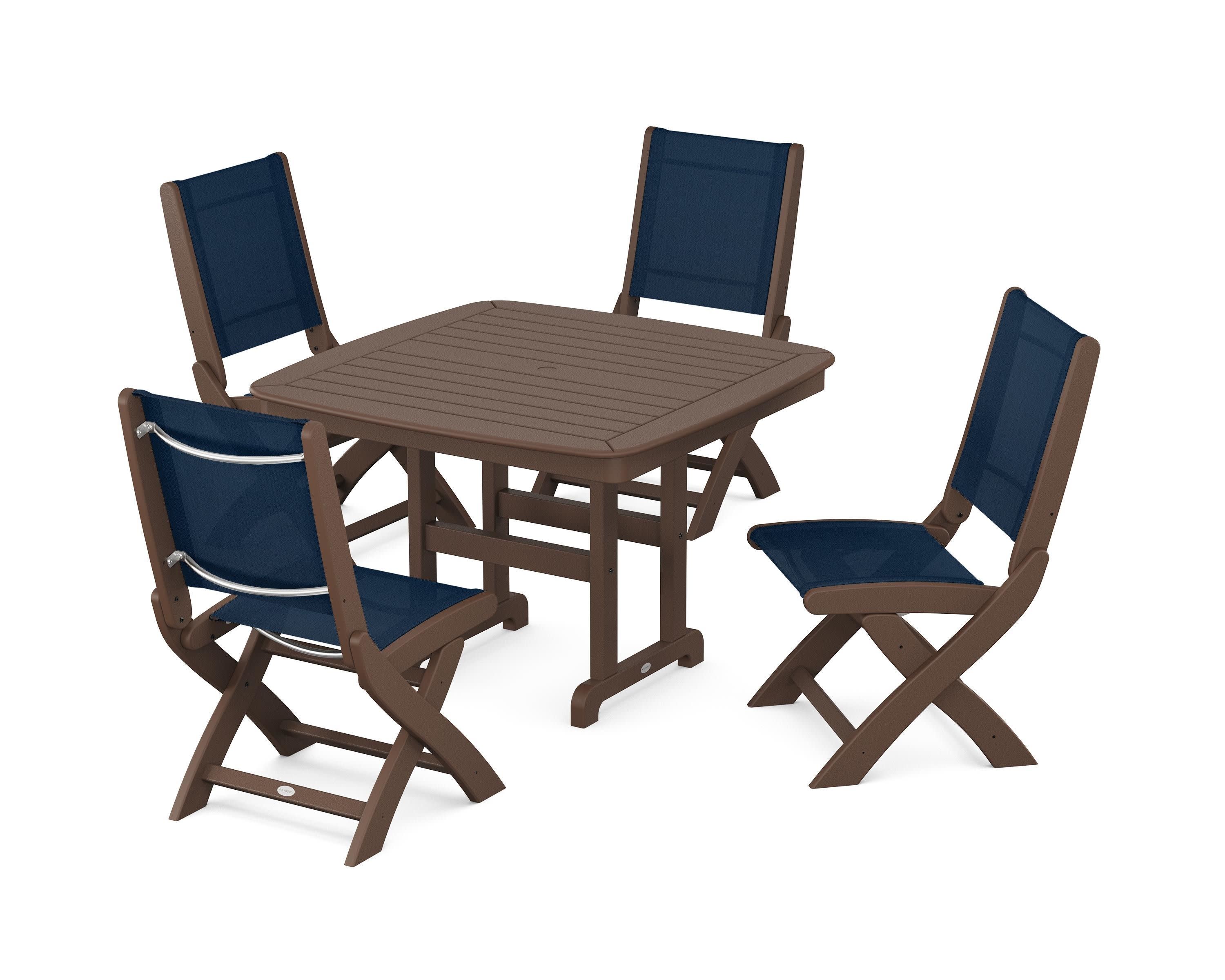 Coastal Folding Side Chair 5-Piece Dining Set in Mahogany / Navy Blue Sling