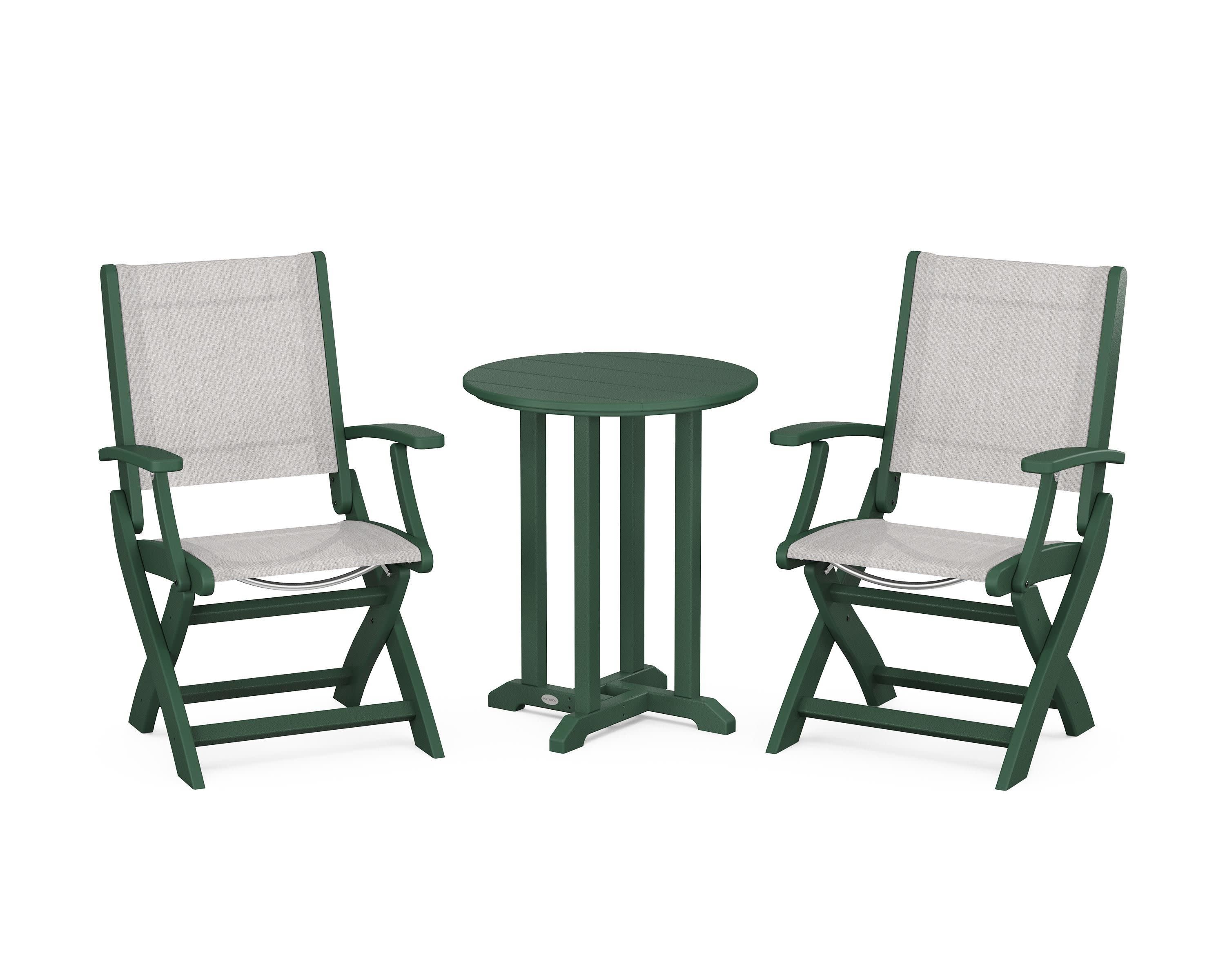 Coastal Folding 3-Piece Round Bistro Dining Set in Green / Parchment Sling