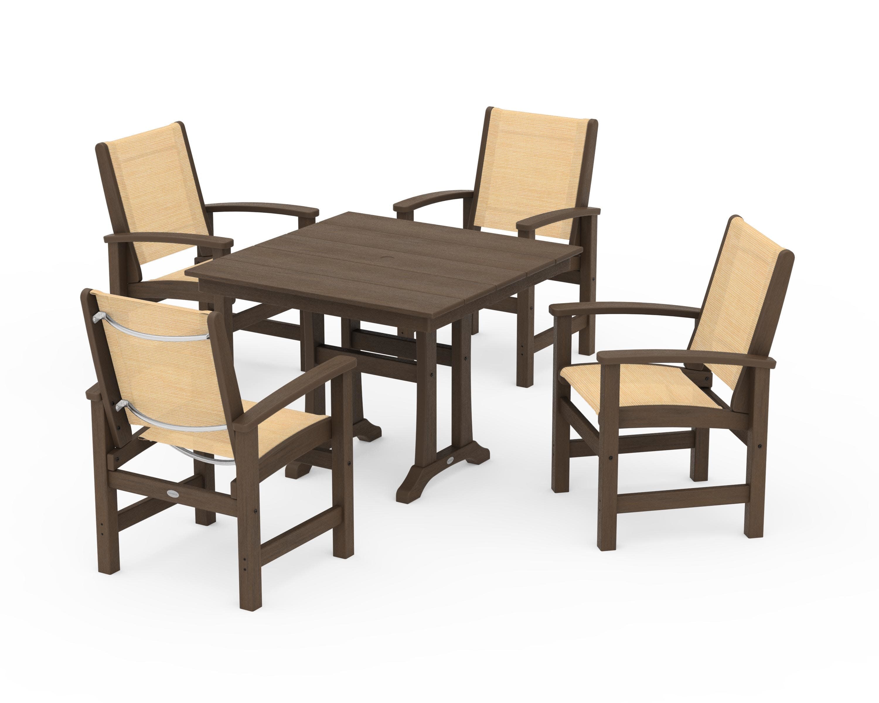 Coastal 5-Piece Farmhouse Dining Set With Trestle Legs in Kona / Dupioni Apricot Sling