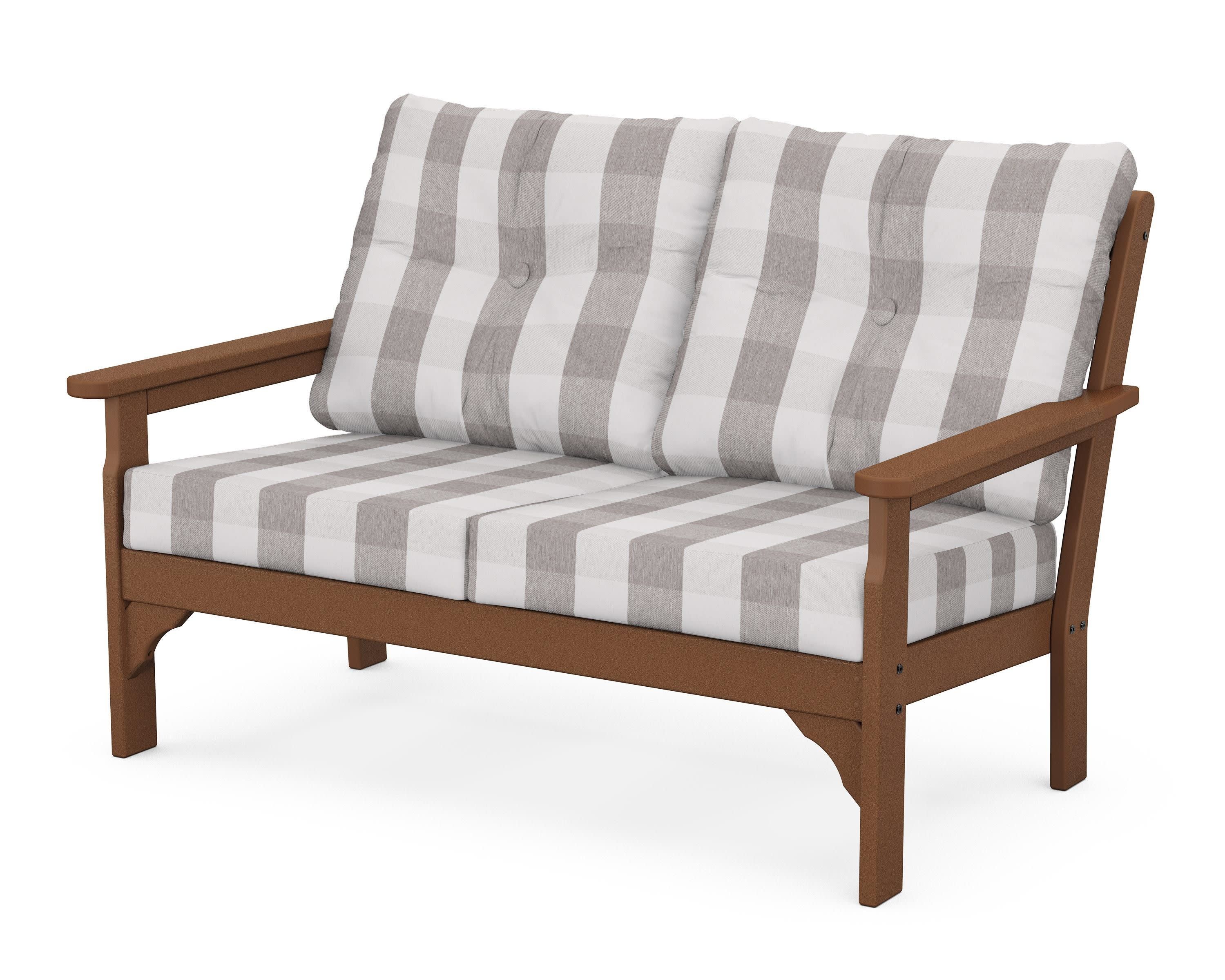 Vineyard Deep Seating Loveseat in Teak / Buffalo Plaid Grey Mist