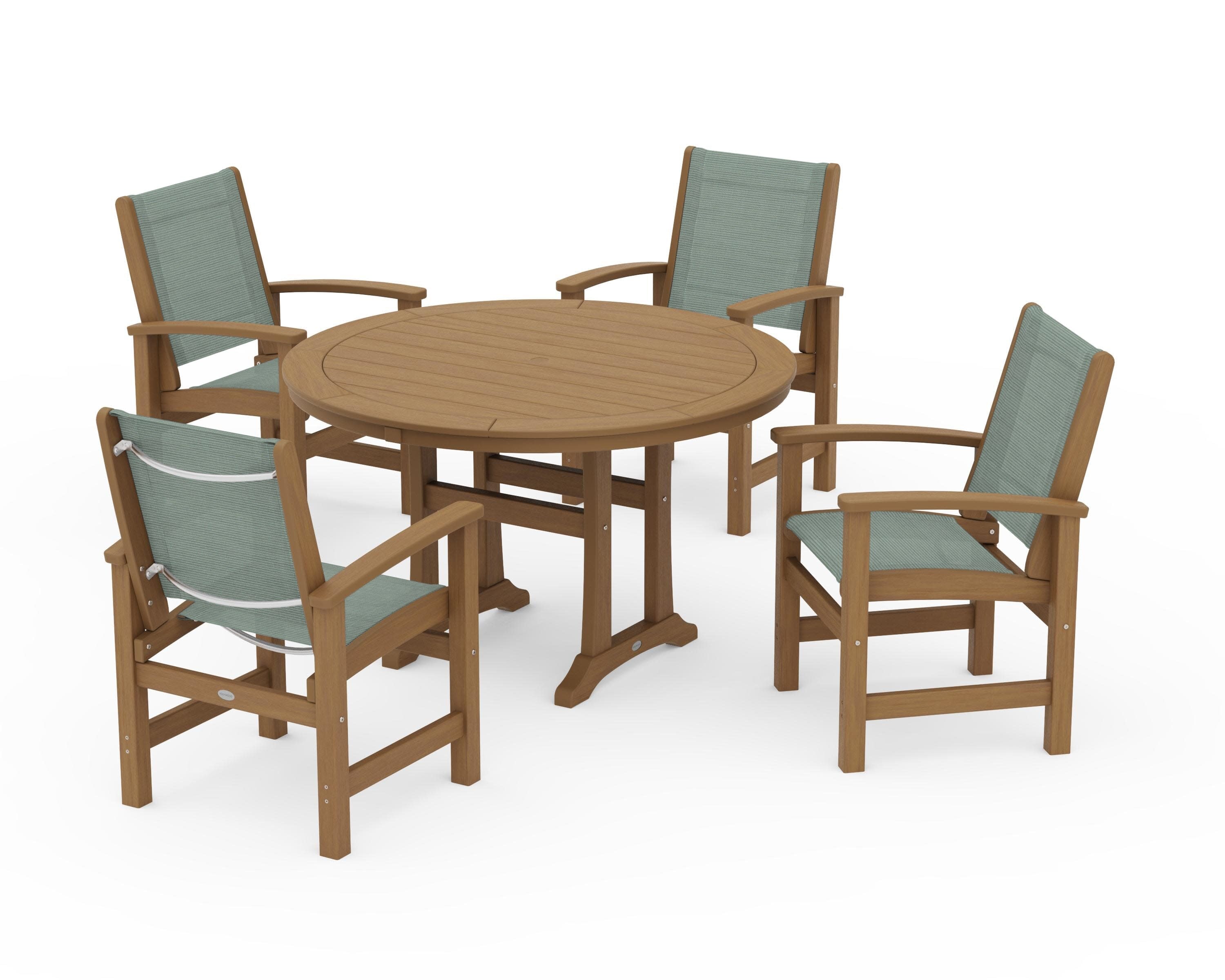 Coastal 5-Piece Round Dining Set with Trestle Legs in Natural / Dupioni Sea Mist Sling