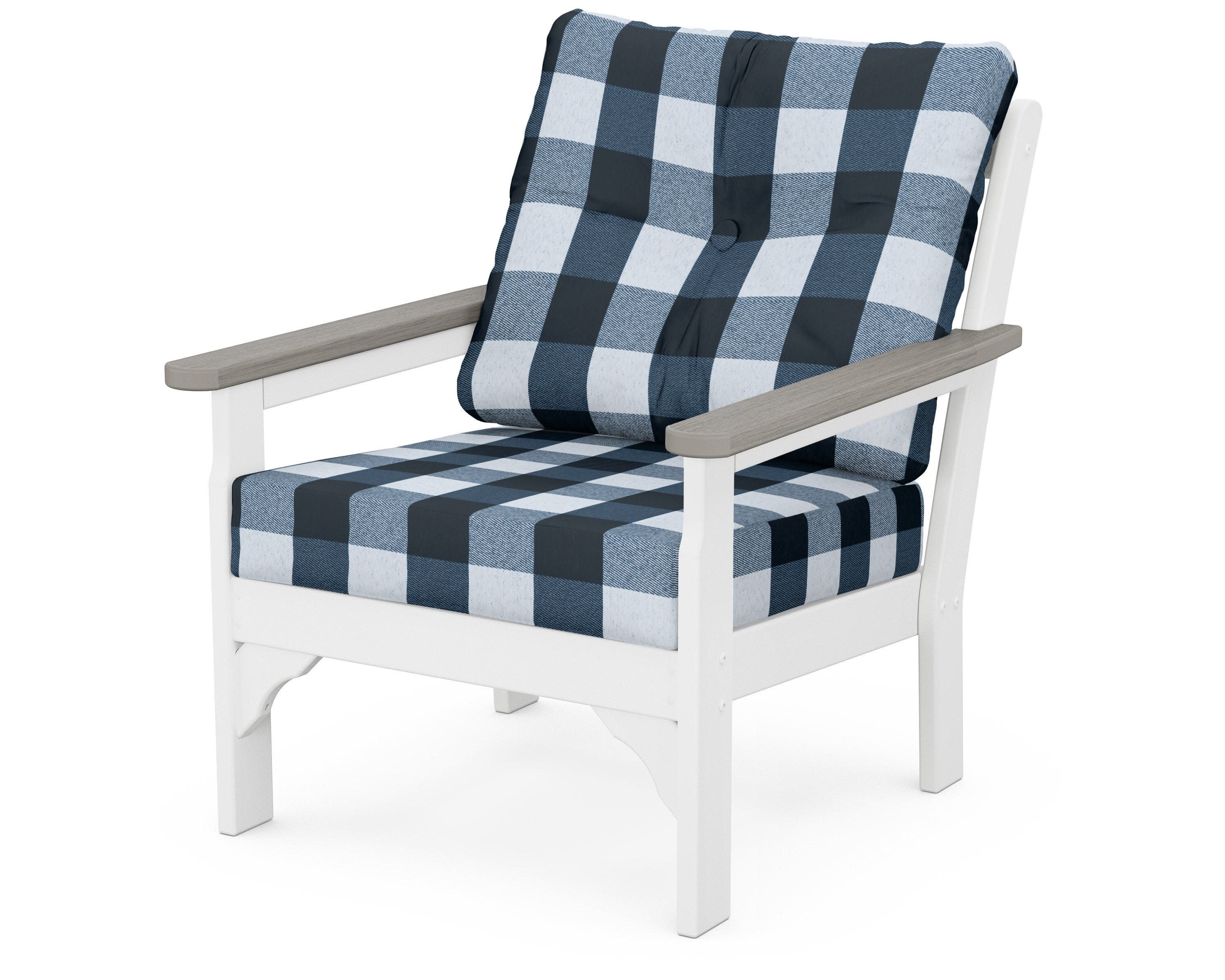 Vineyard Deep Seating Chair in White / Driftwood / Buffalo Plaid Marine Indigo
