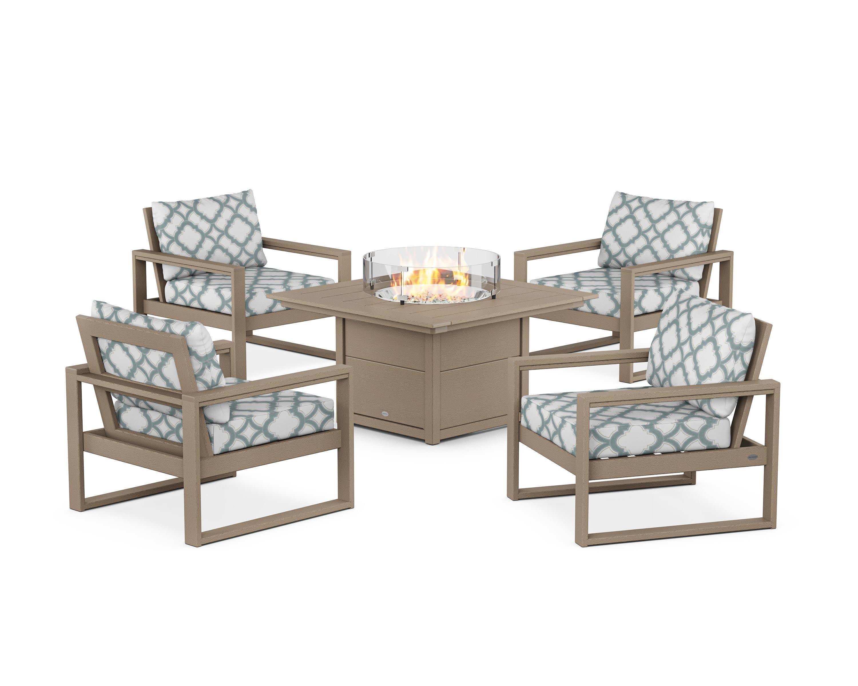EDGE Sectional 5-Piece Deep Seating Set with Fire Pit Table in Vintage Sahara / Trellis Glacier Spa