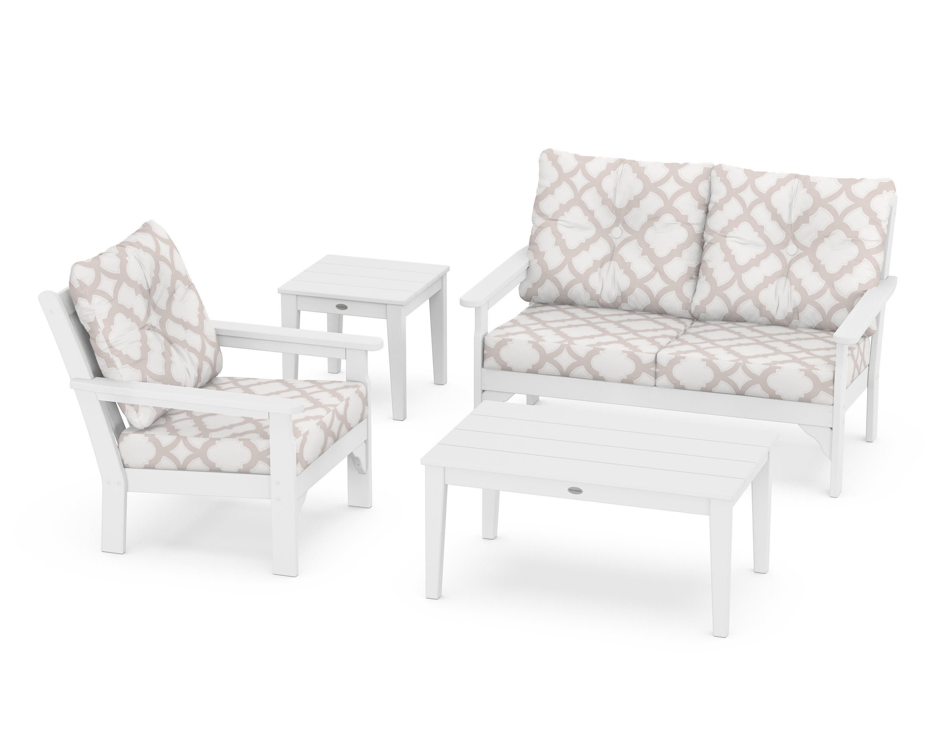 Vineyard 4-Piece Deep Seating Set in White / Trellis Dune Burlap