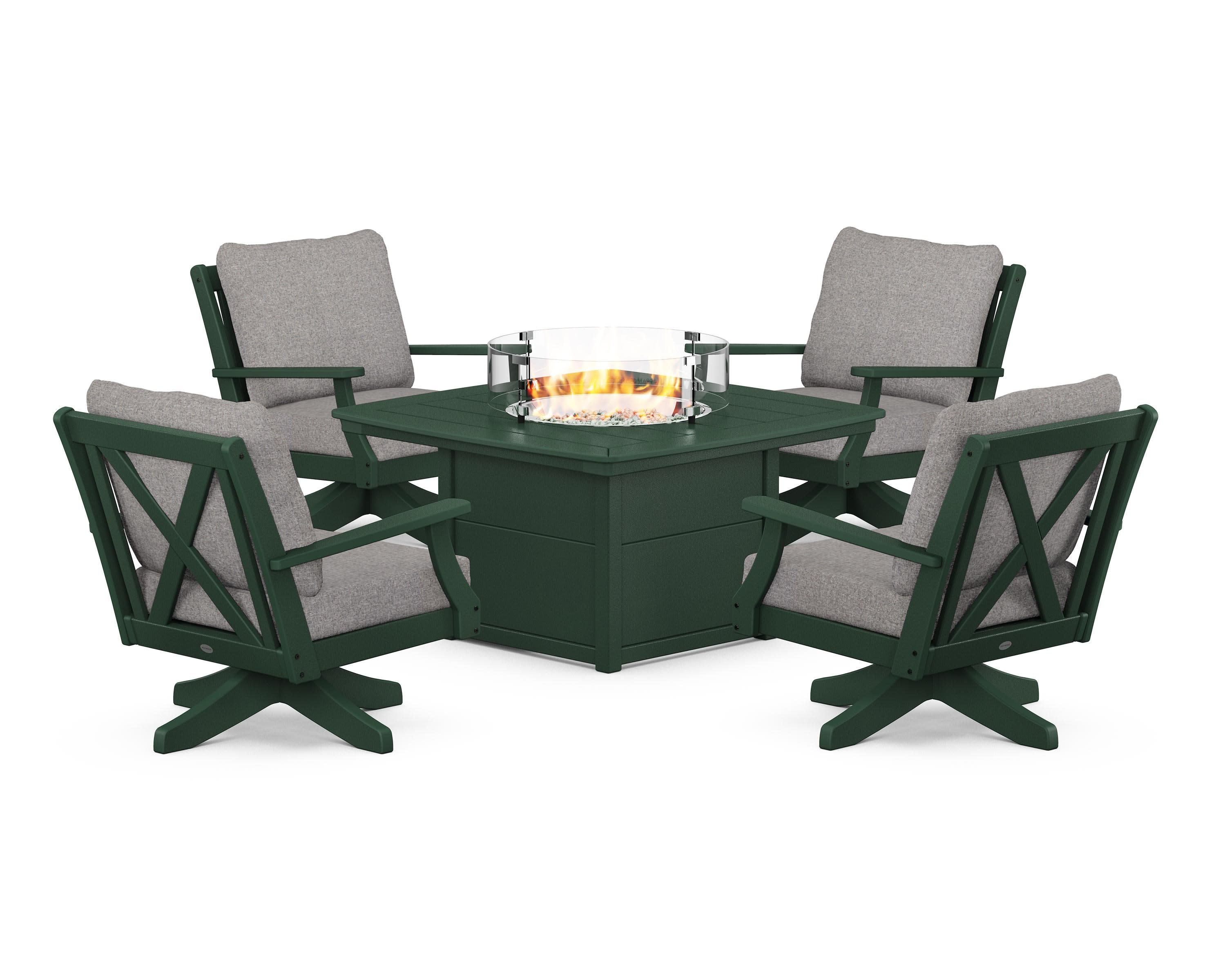 Braxton 5-Piece Deep Seating Swivel Conversation Set with Fire Pit Table in Green / Grey Mist