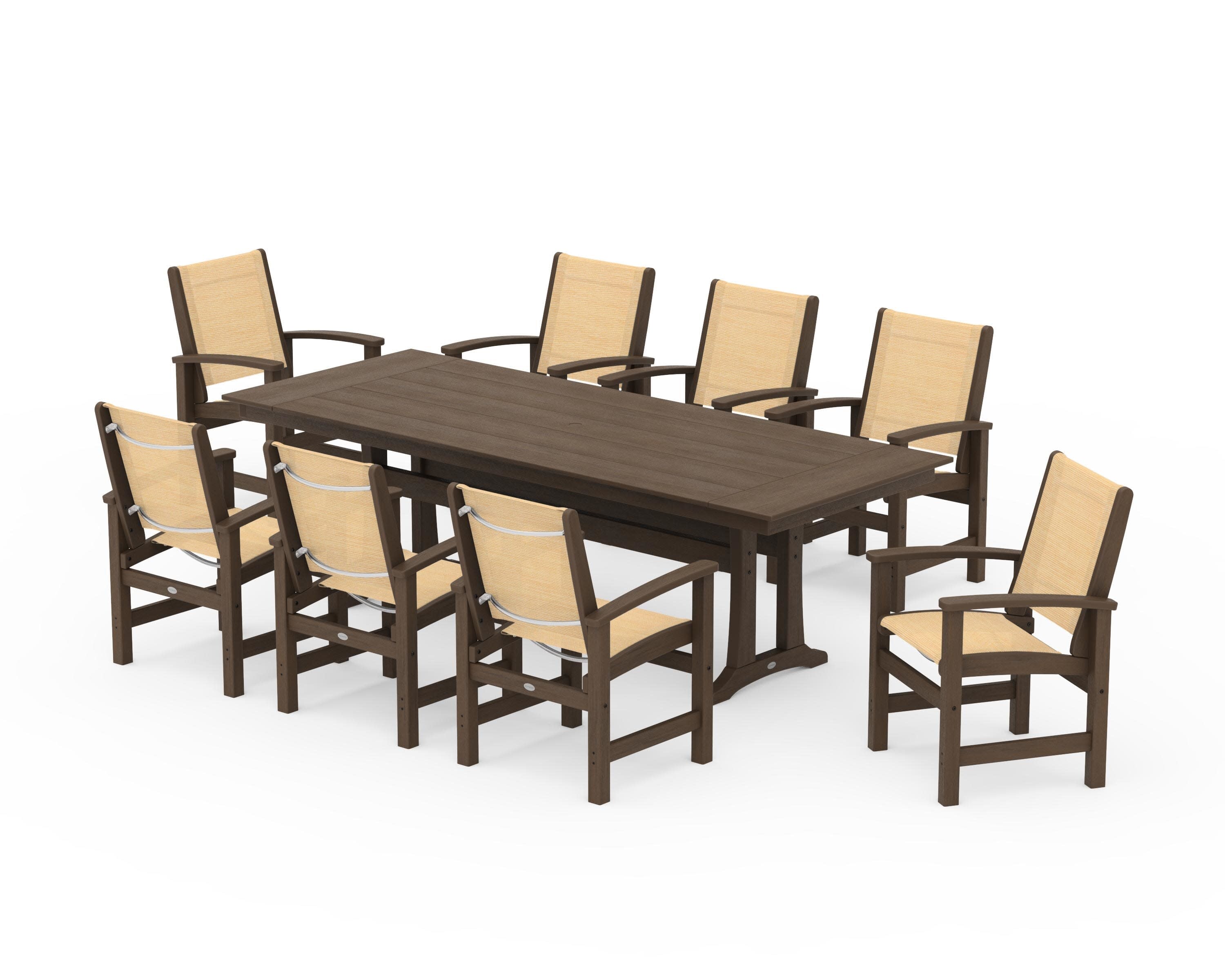 Coastal 9-Piece Farmhouse Dining Set with Trestle Legs in Kona / Dupioni Apricot Sling