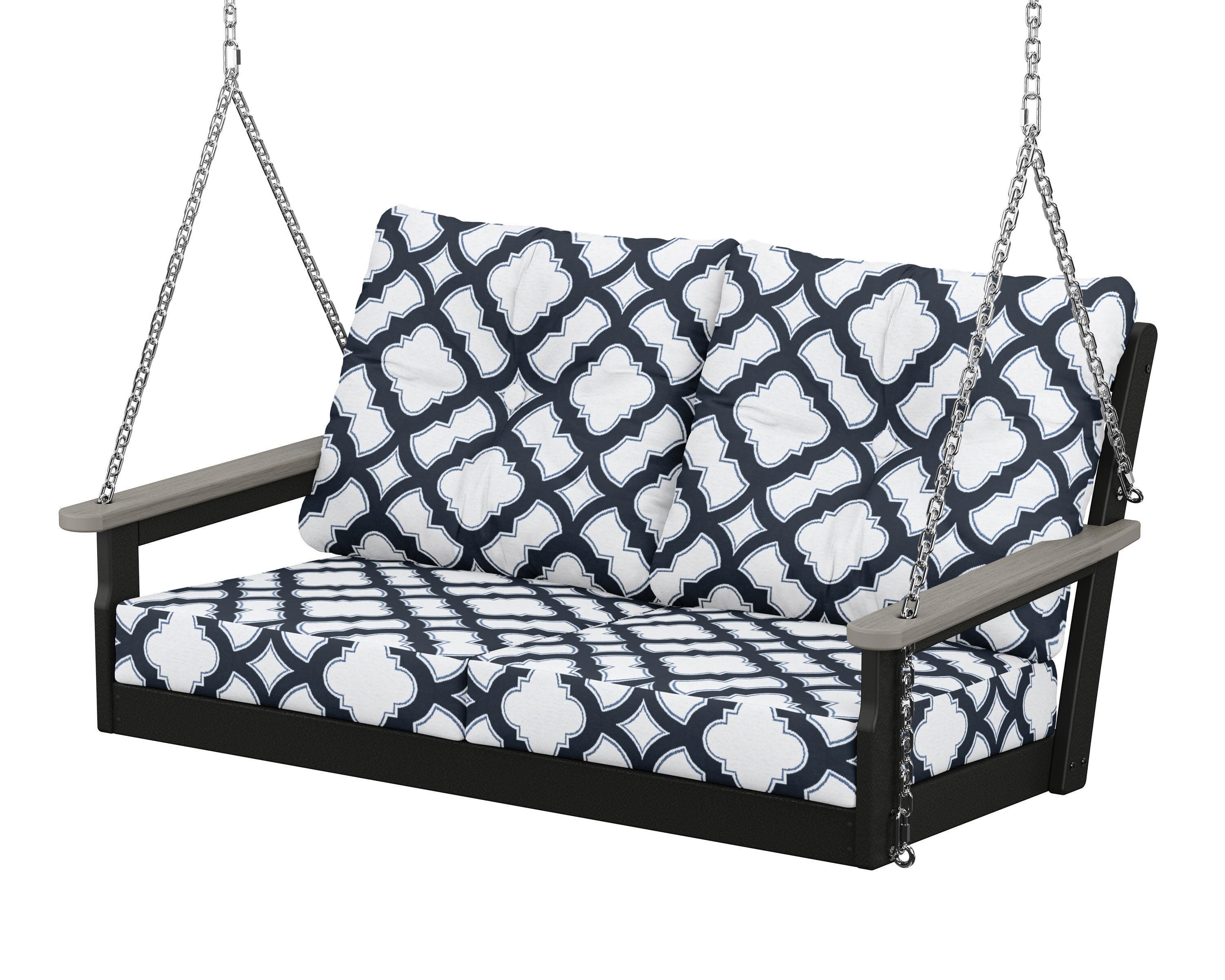 Vineyard Deep Seating Swing in Black / Driftwood / Trellis Marine Indigo