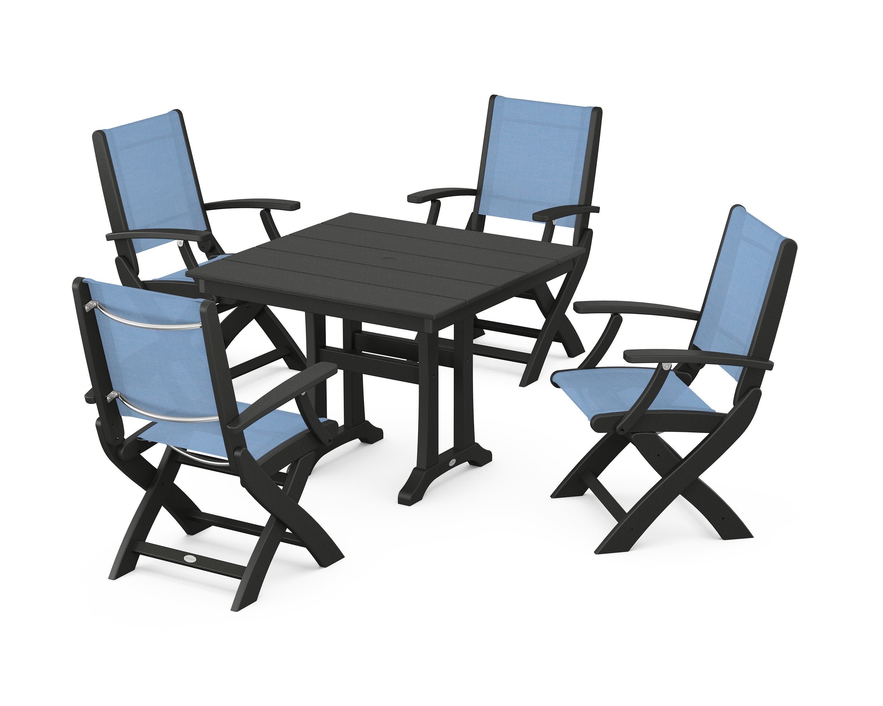Coastal Folding Chair 5-Piece Farmhouse Dining Set With Trestle Legs in Black / Poolside Sling