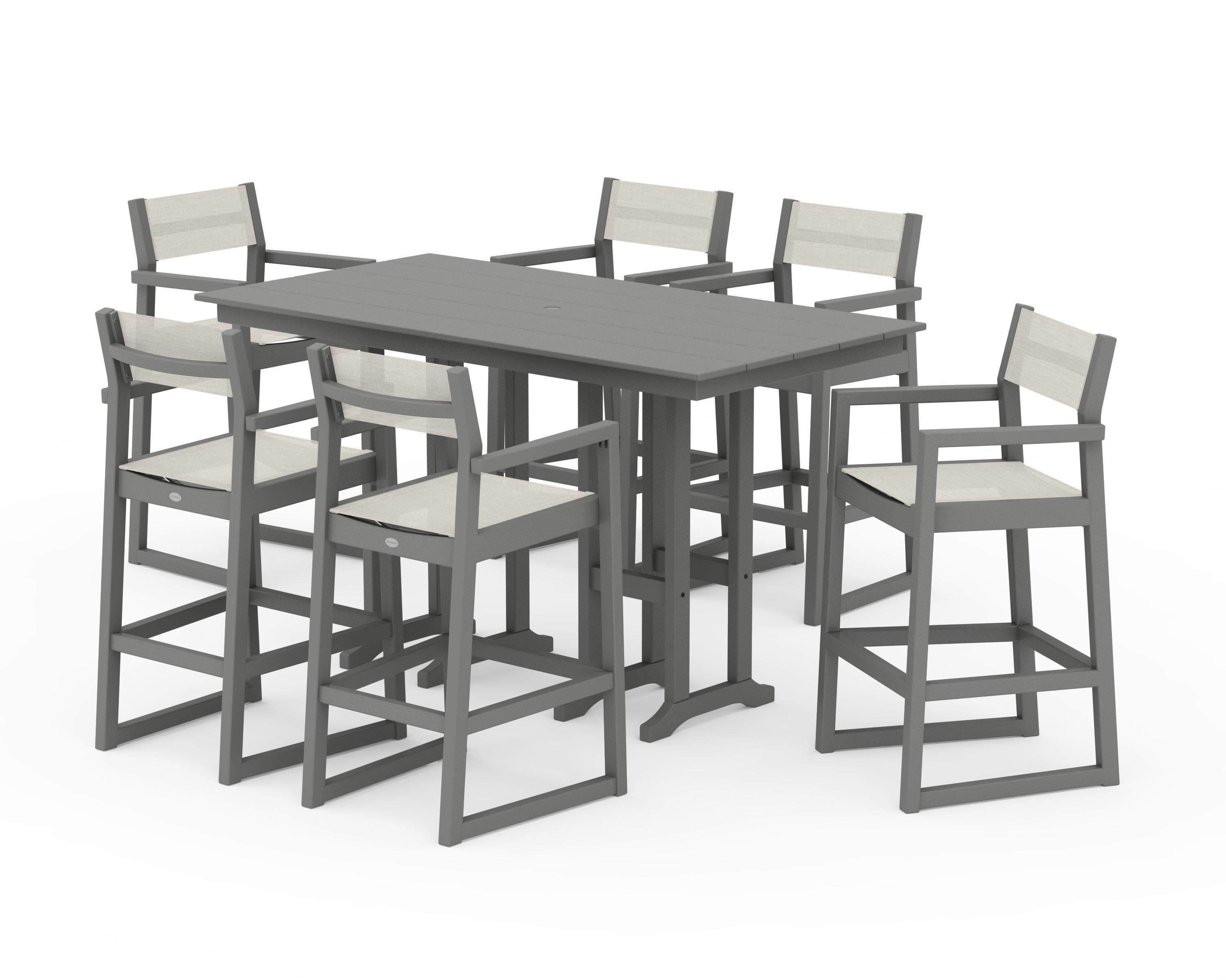EDGE Sling Arm Chair 7-Piece Farmhouse Bar Set in Slate Grey / Parchment Sling