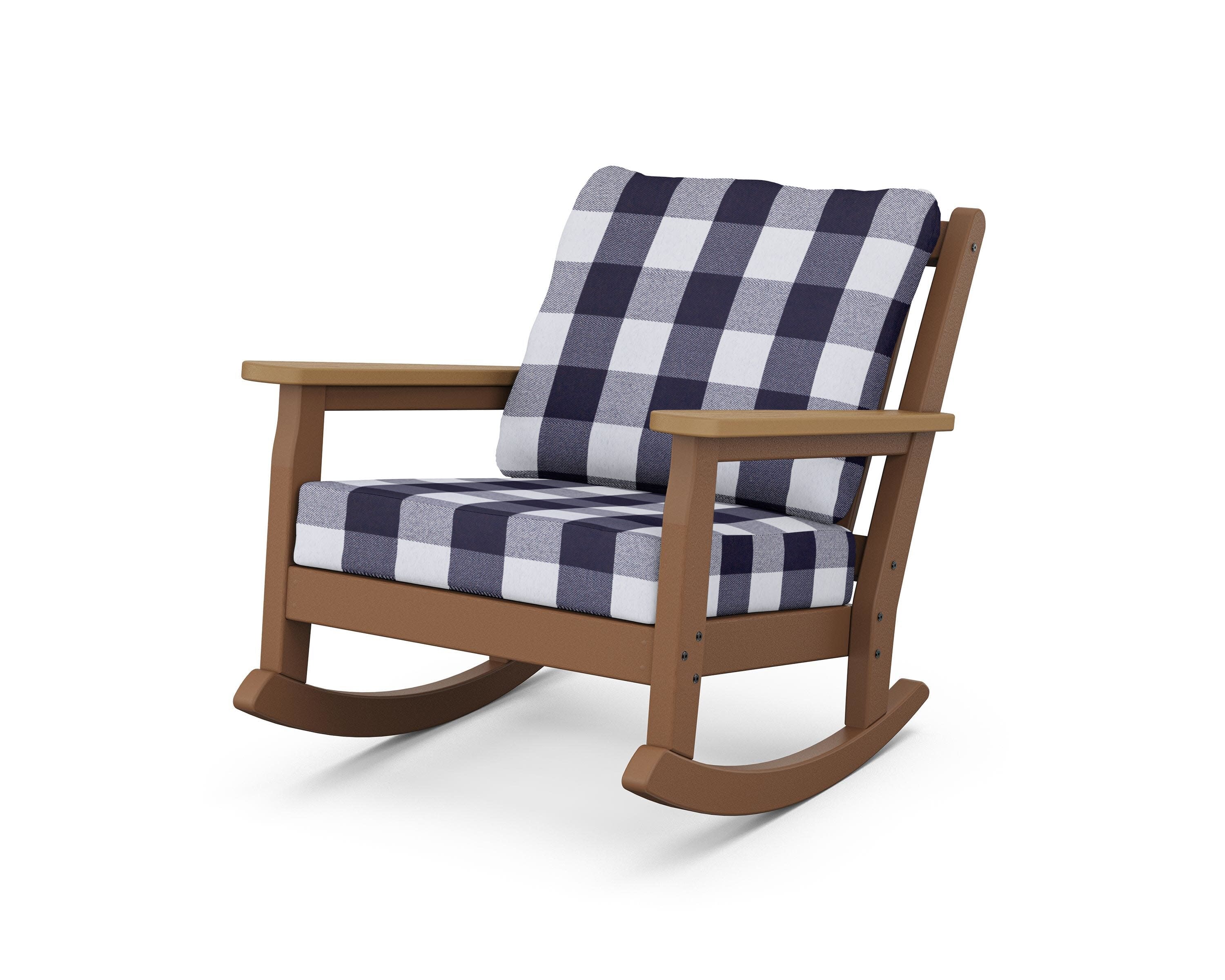 Chippendale Deep Seating Rocking Chair in Teak / Natural / Buffalo Plaid Navy