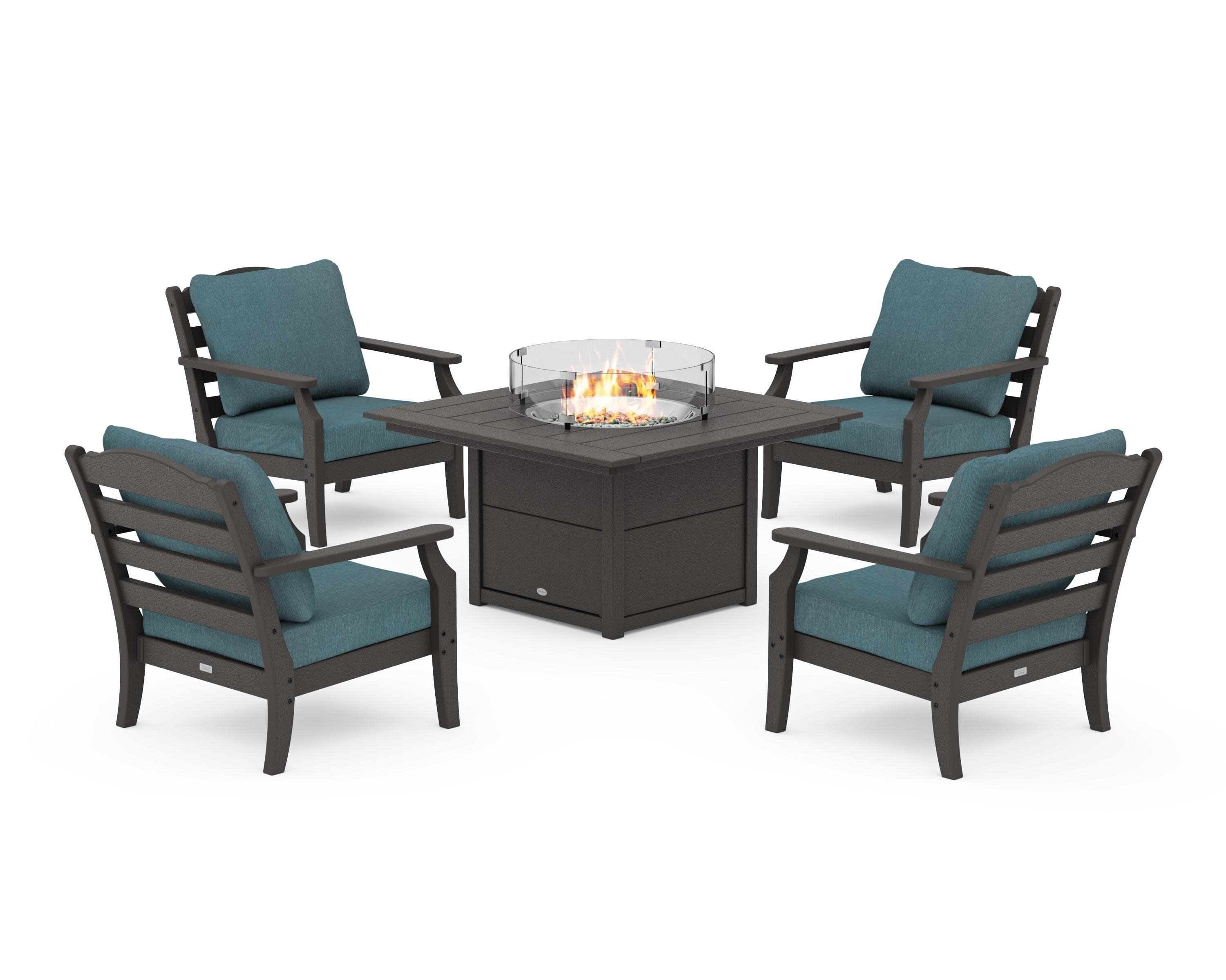 Savannah 5-Piece Deep Seating Set with Fire Pit Table in Vintage Coffee / Ocean Teal
