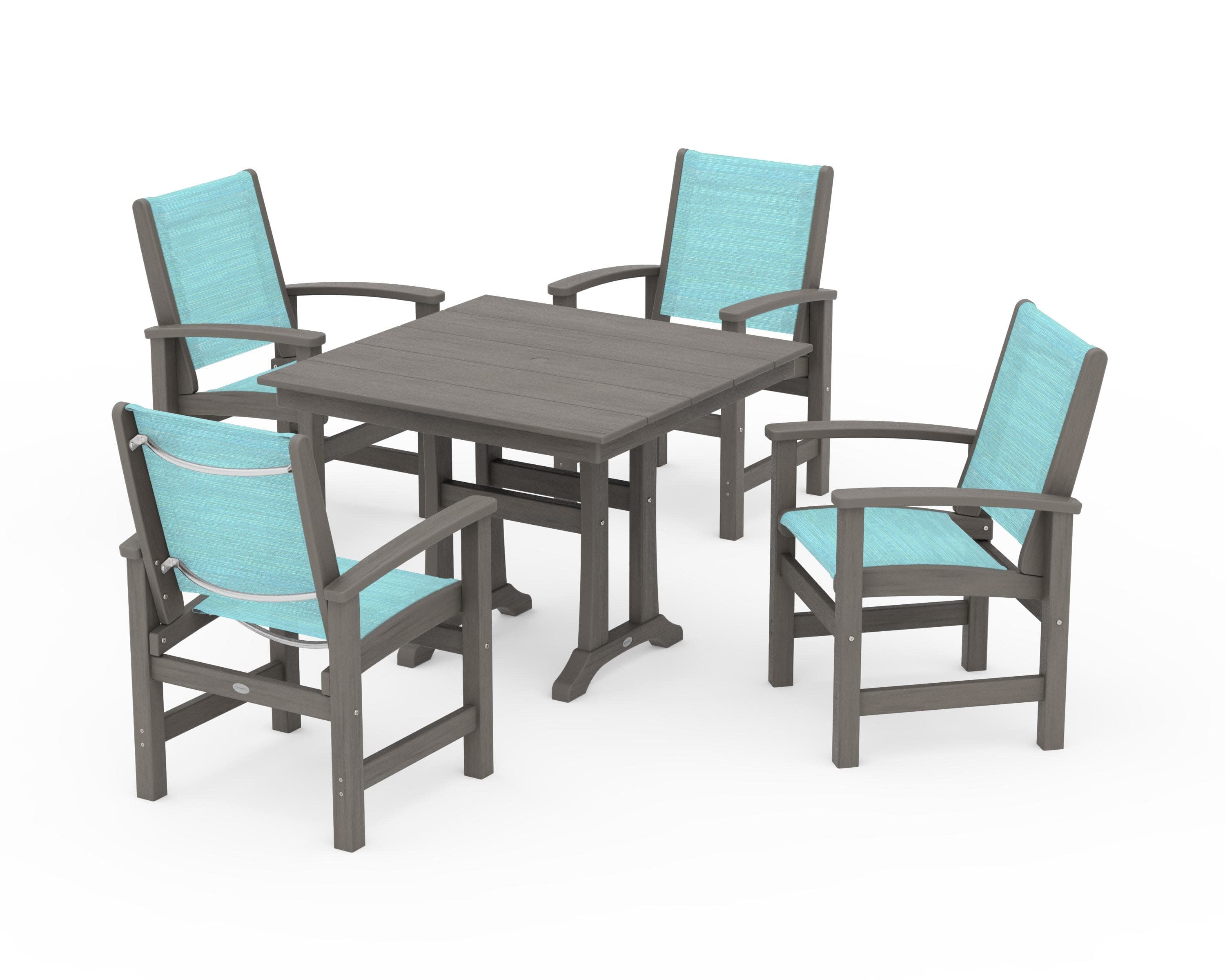 Coastal 5-Piece Farmhouse Dining Set With Trestle Legs in Driftwood / Dupioni Aquamarine Sling