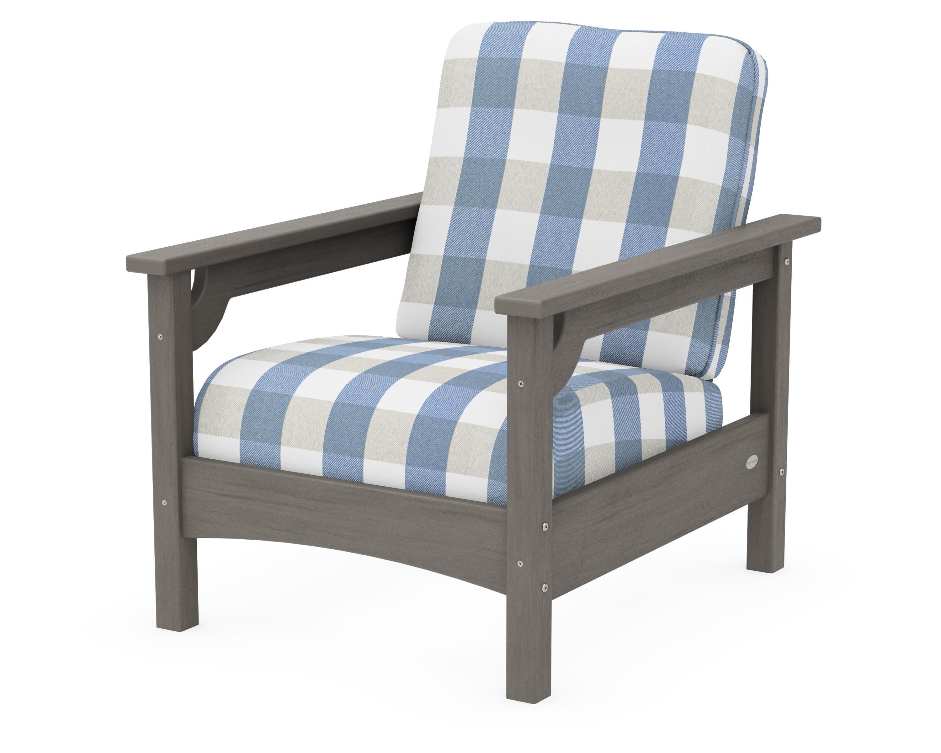 Club Chair in Driftwood / Buffalo Plaid Sky Blue