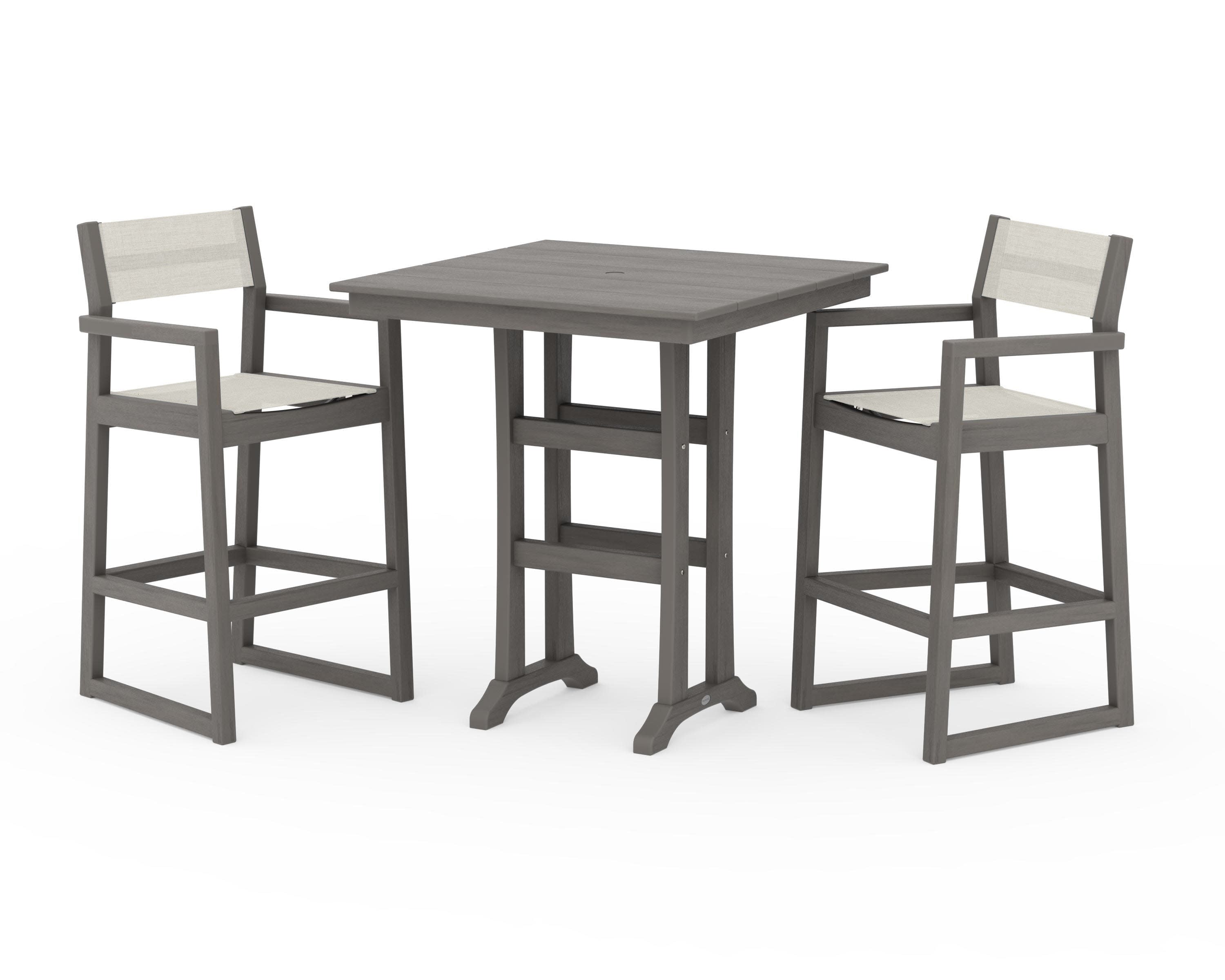 EDGE Sling Arm Chair 3-Piece Farmhouse Bar Set with Trestle Legs in Driftwood / Parchment Sling