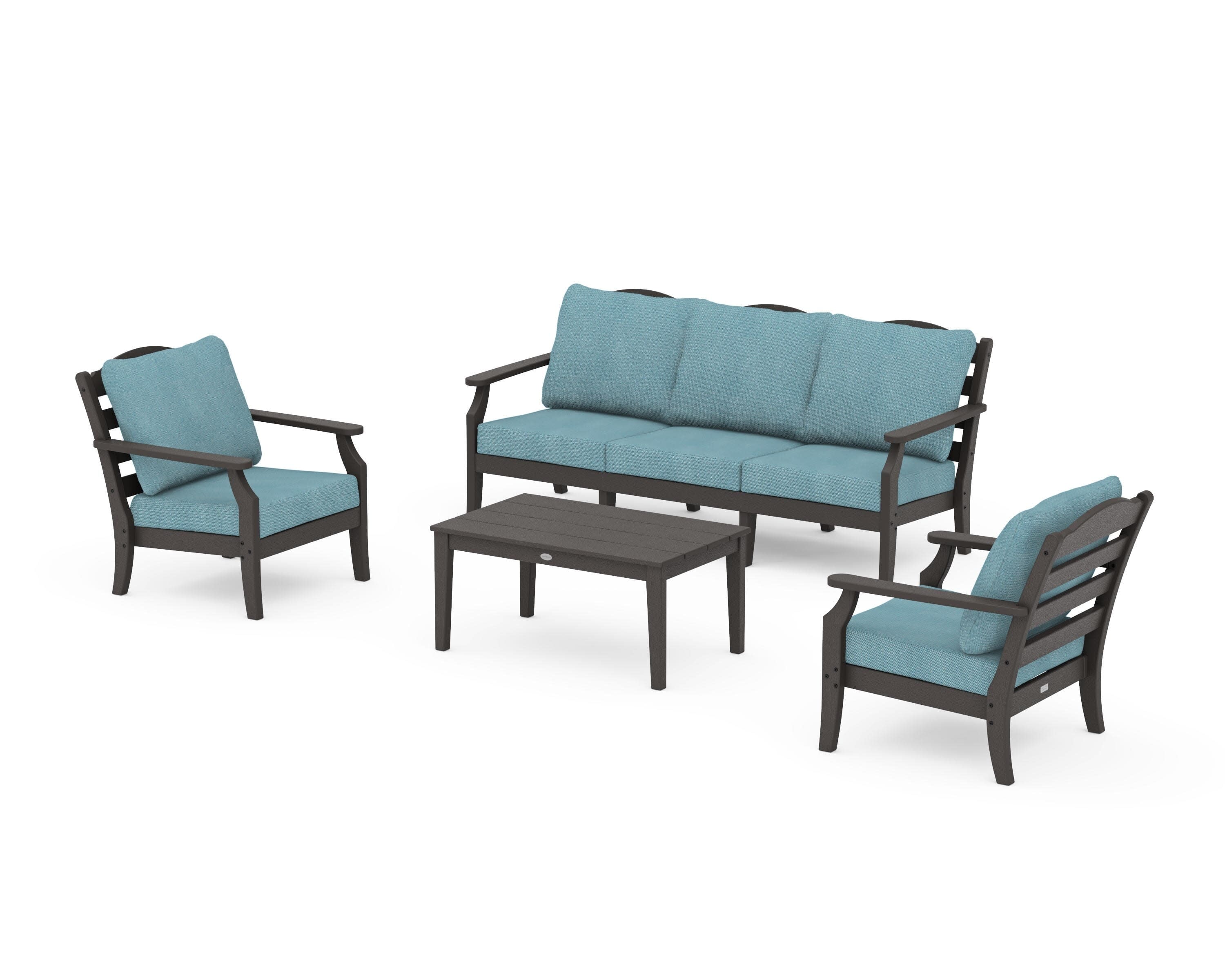 Savannah 4-Piece Deep Seating Set with Sofa in Vintage Coffee / Lattice Sky Blue