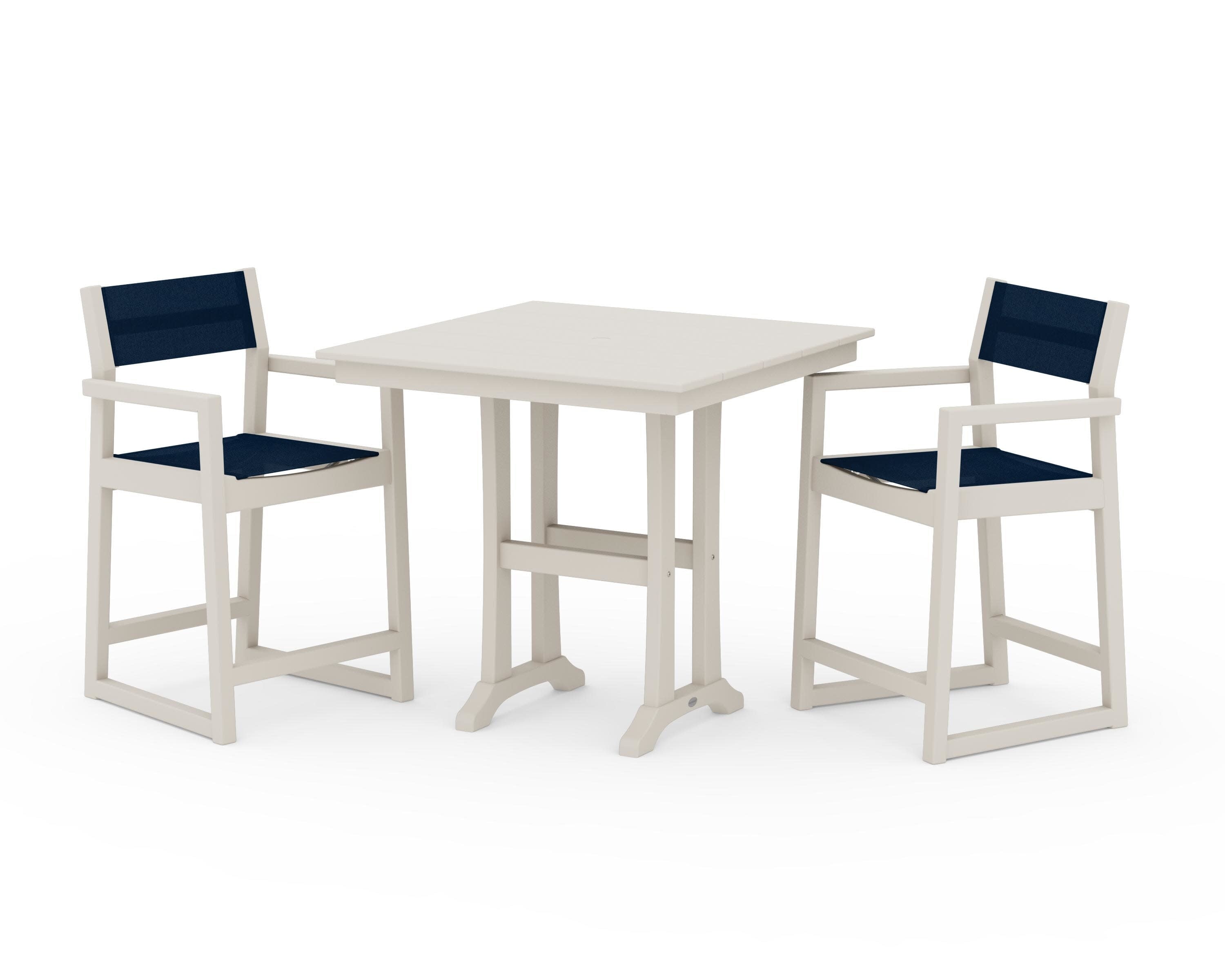 EDGE Sling Arm Chair 3-Piece Farmhouse Counter Set with Trestle Legs in Sand / Navy Blue Sling