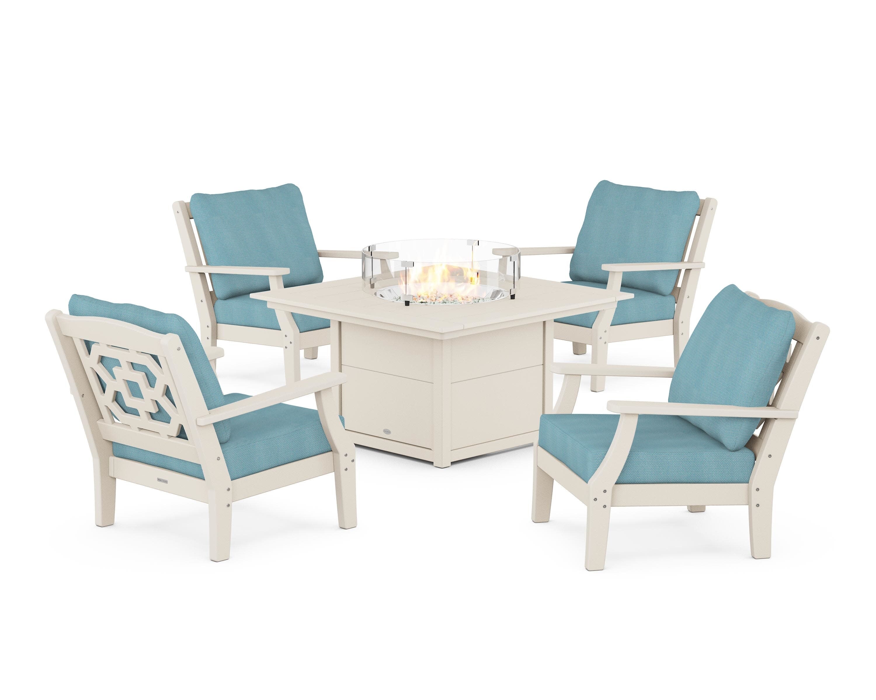 Chinoiserie 5-Piece Deep Seating Set with Fire Pit Table in Sand / Lattice Sky Blue