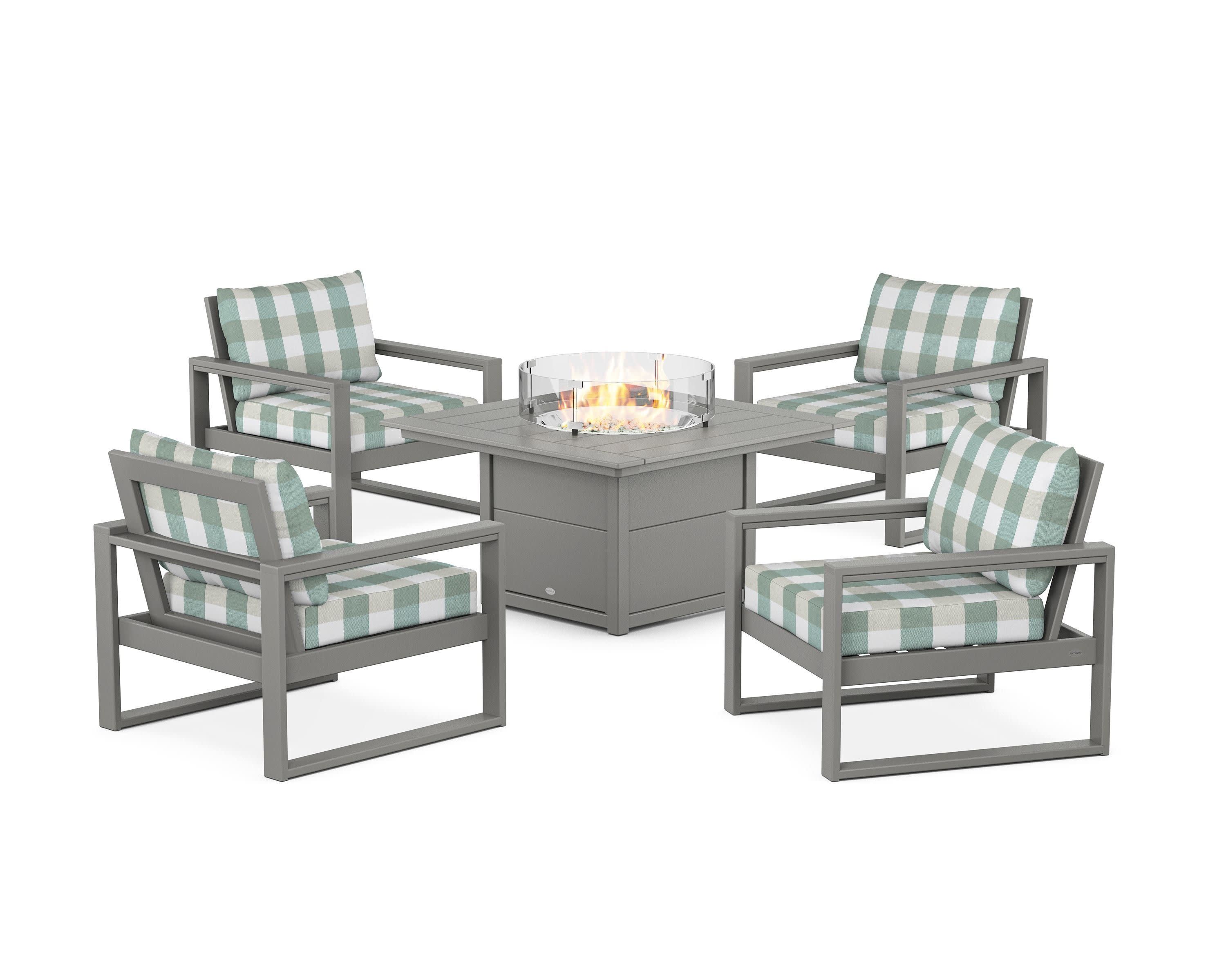 EDGE Sectional 5-Piece Deep Seating Set with Fire Pit Table in Slate Grey / Buffalo Plaid Glacier Spa