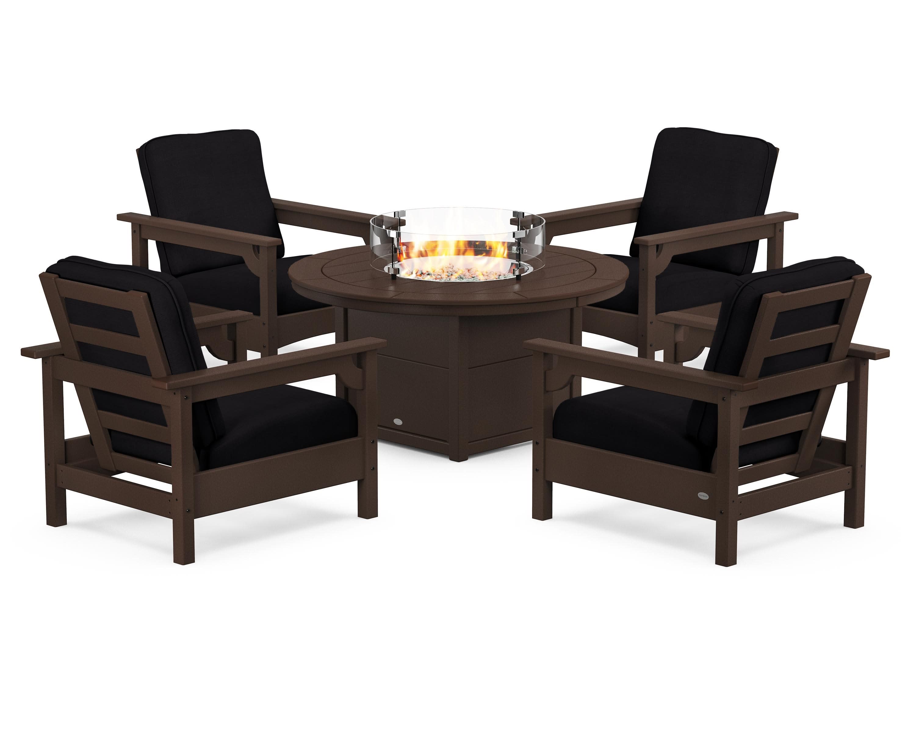 Club 5-Piece Conversation Set with Fire Pit Table in Mahogany / Midnight Linen