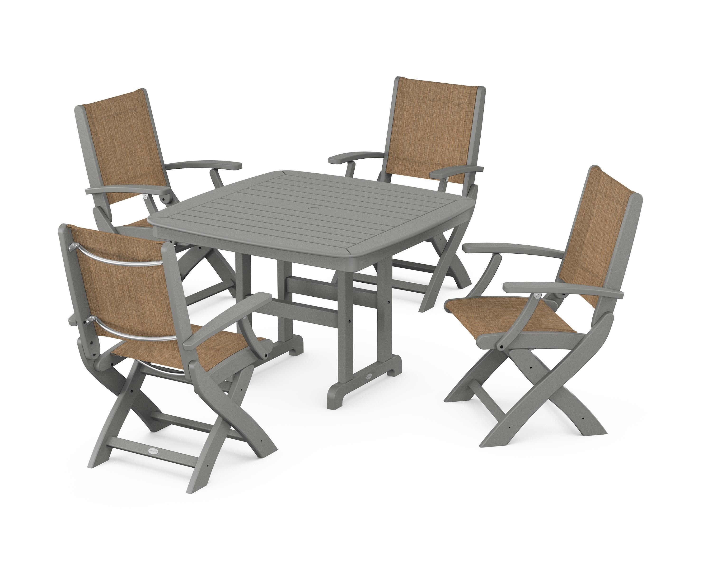 Coastal Folding Chair 5-Piece Dining Set in Slate Grey / Burlap Sling