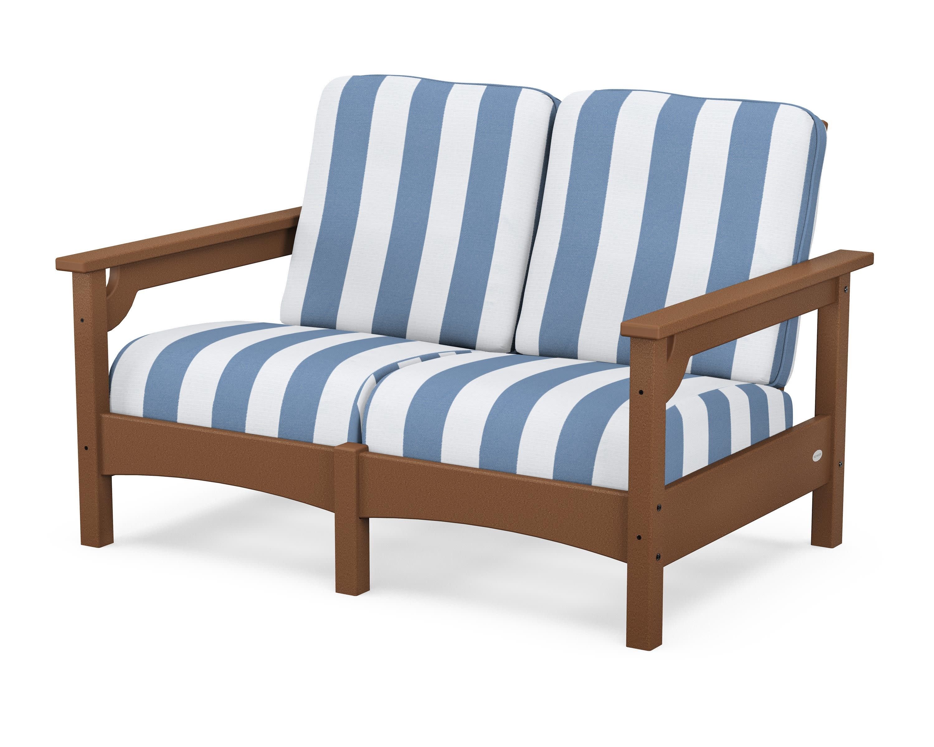 Club Loveseat in Teak / Cabana Stripe Sky Blue