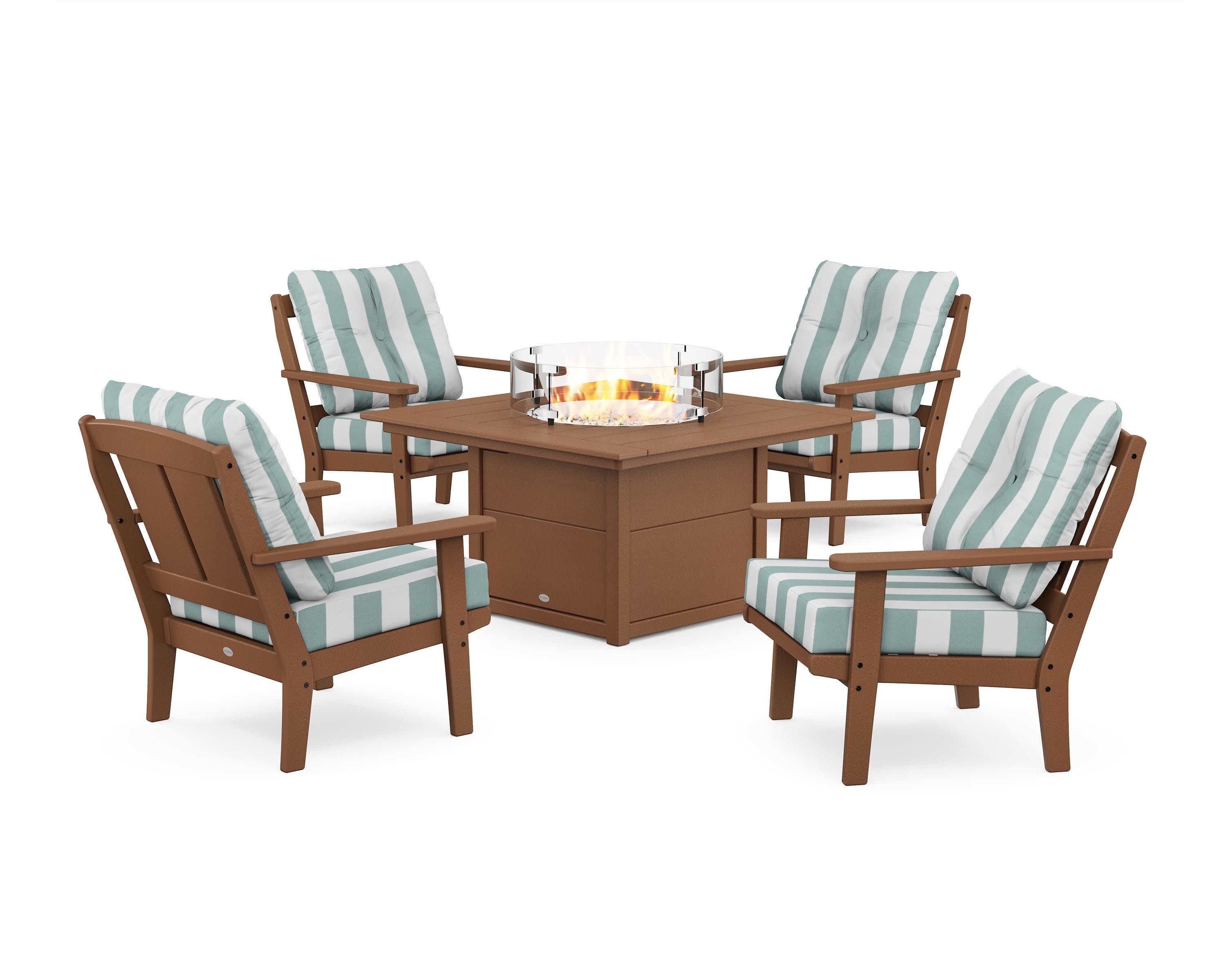Mission 5-Piece Deep Seating Set with Fire Pit Table in Teak / Cabana Stripe Glacier Spa