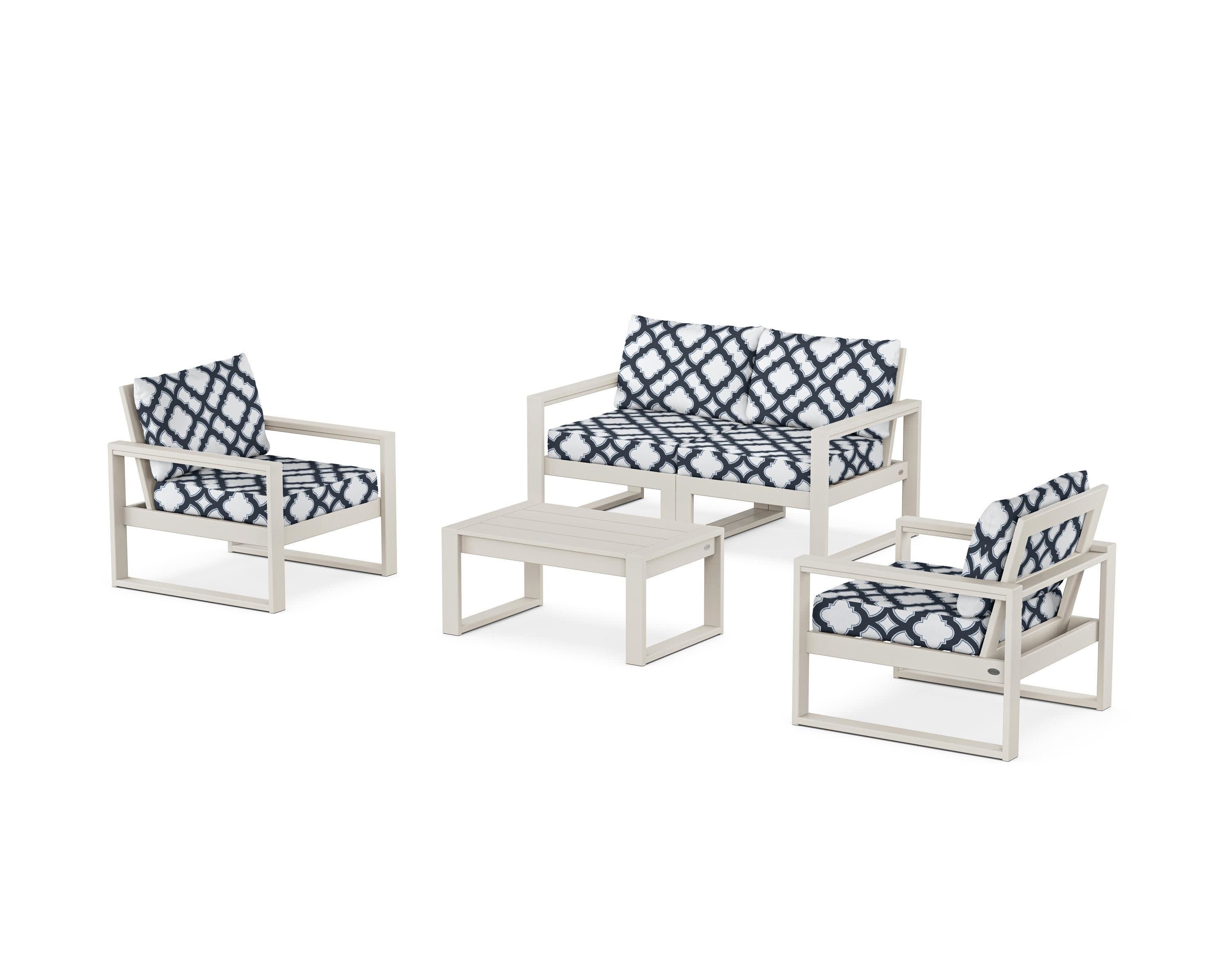 EDGE Sectional 4-Piece Deep Seating Set with Loveseat in Sand / Trellis Marine Indigo