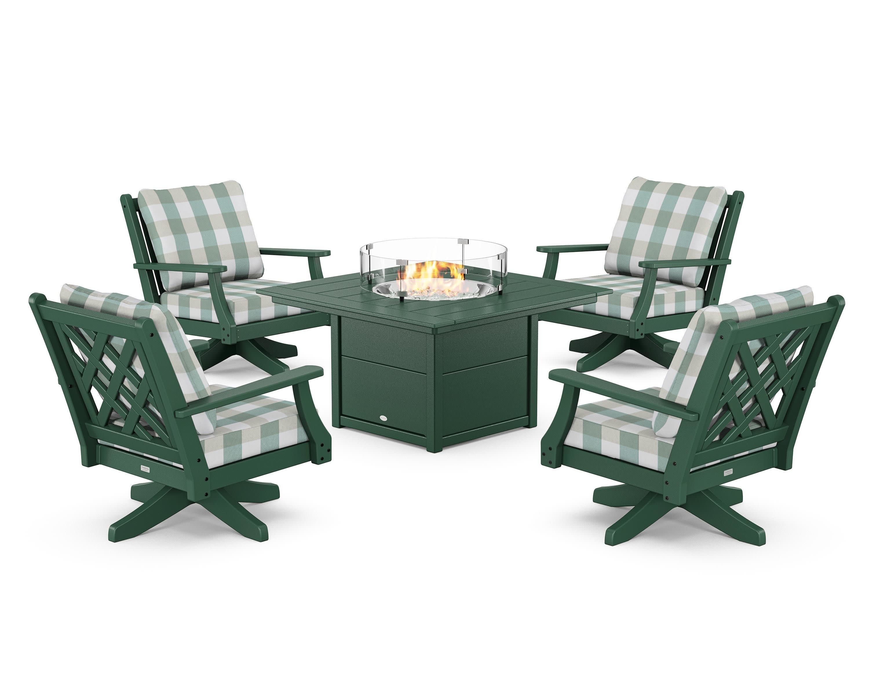 Wovendale 5-Piece Deep Seating Swivel Conversation Set with Fire Pit Table in Green / Buffalo Plaid Glacier Spa