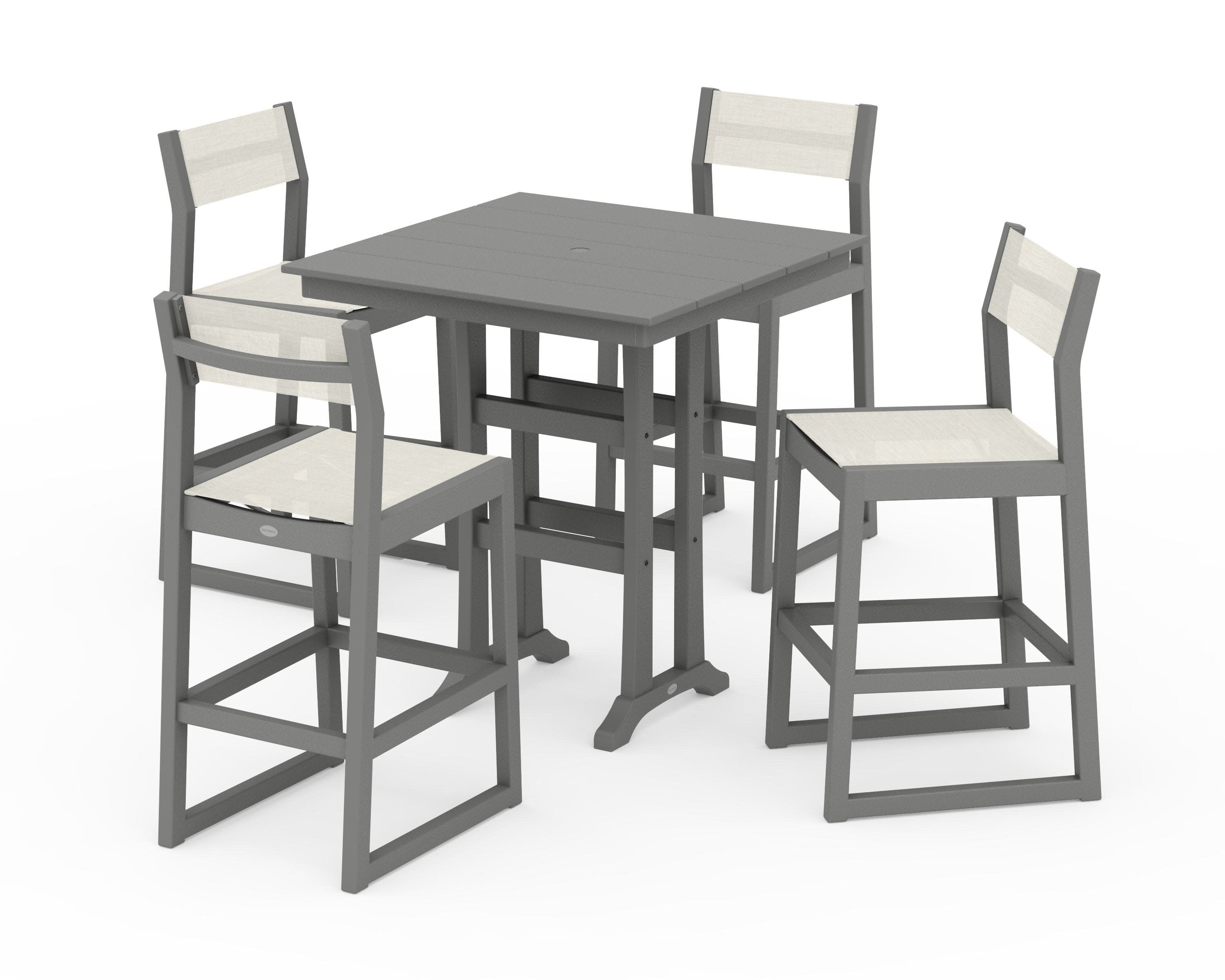 EDGE Sling Arm Chair 5-Piece Farmhouse Bar Set with Trestle Legs in Slate Grey / Parchment Sling