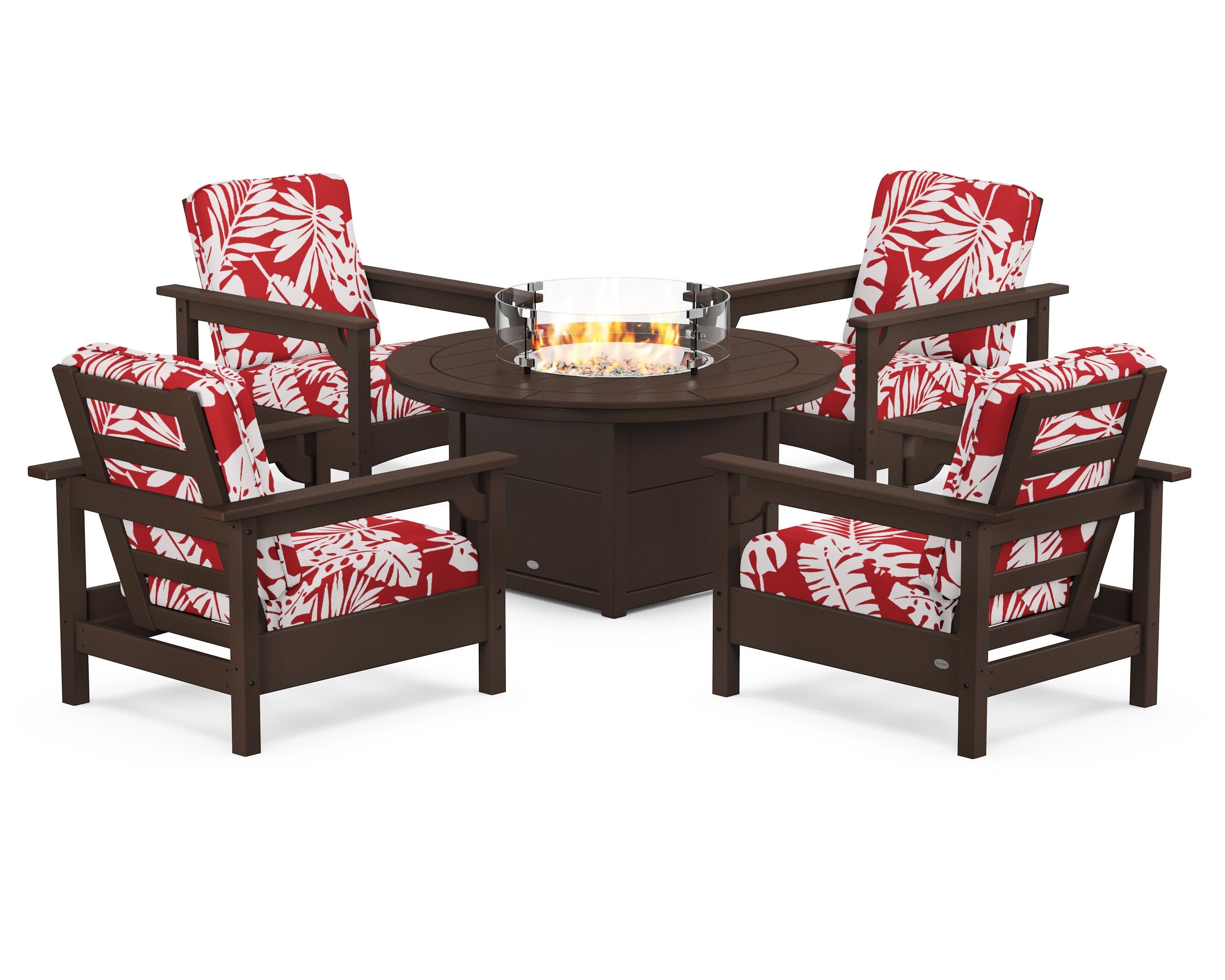 Club 5-Piece Conversation Set with Fire Pit Table in Mahogany / Leaf Crimson