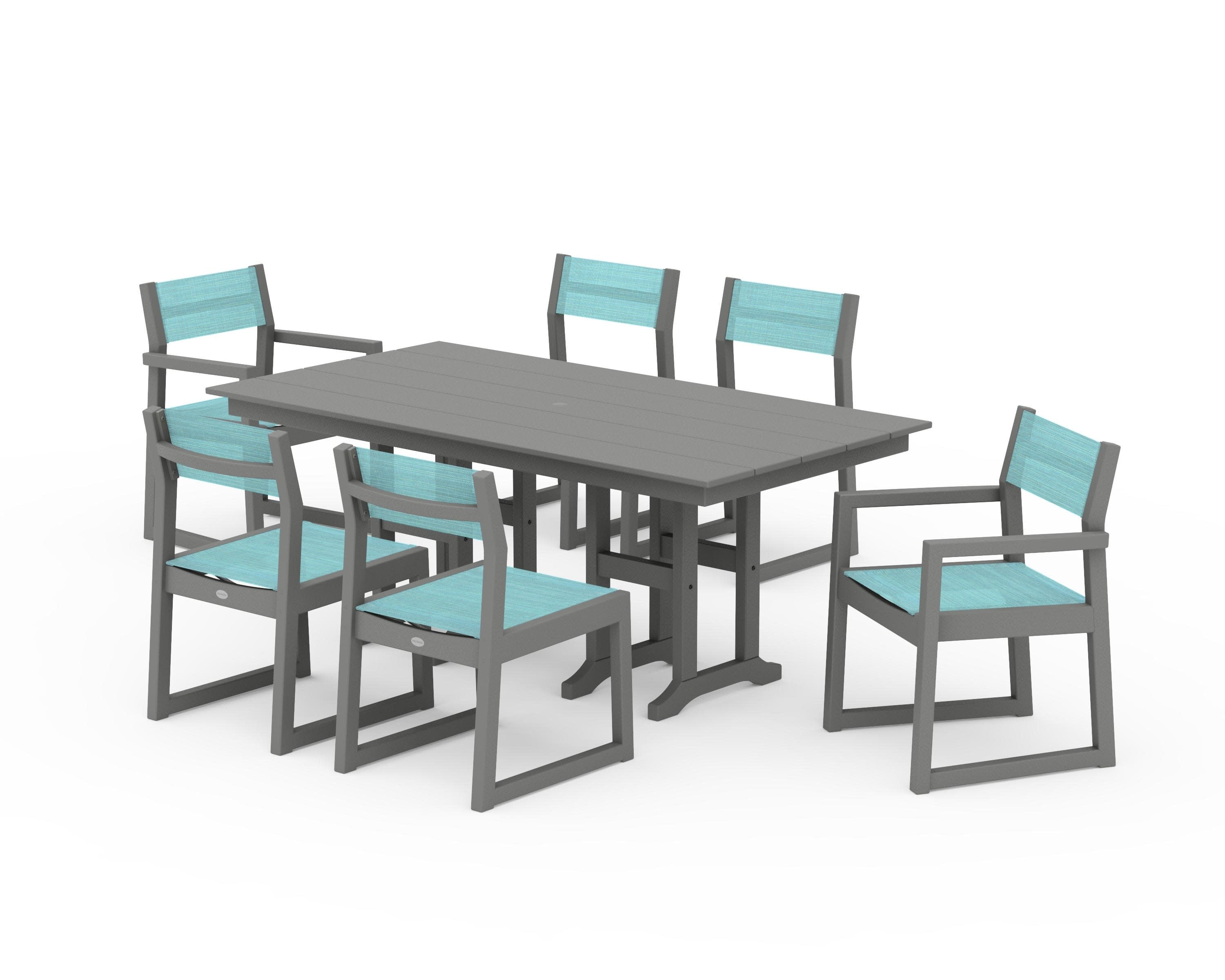 EDGE Sling 7-Piece Farmhouse Dining Set in Slate Grey / Dupioni Aquamarine Sling