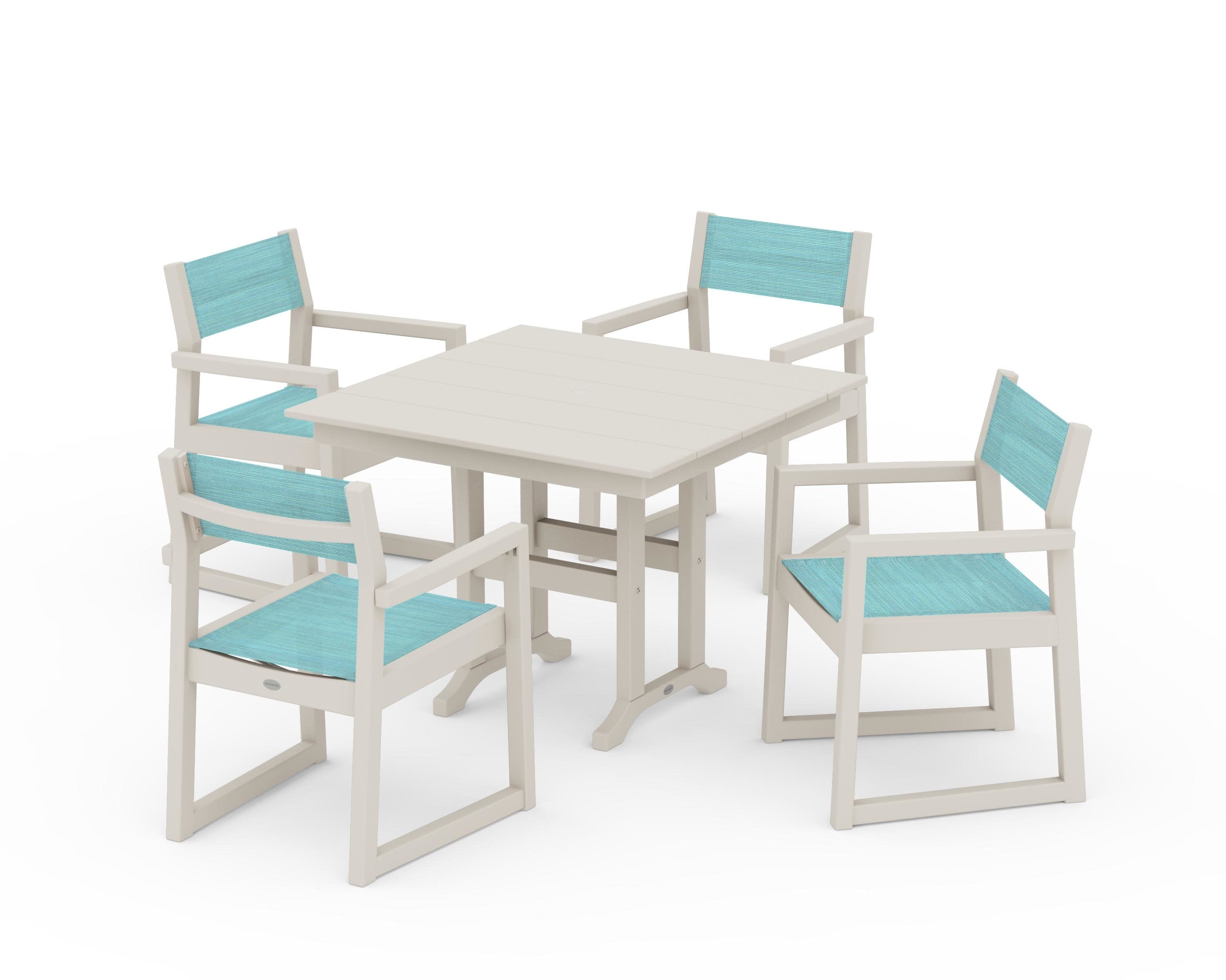 EDGE Sling Arm Chair 5-Piece Farmhouse Dining Set in Sand / Dupioni Aquamarine Sling