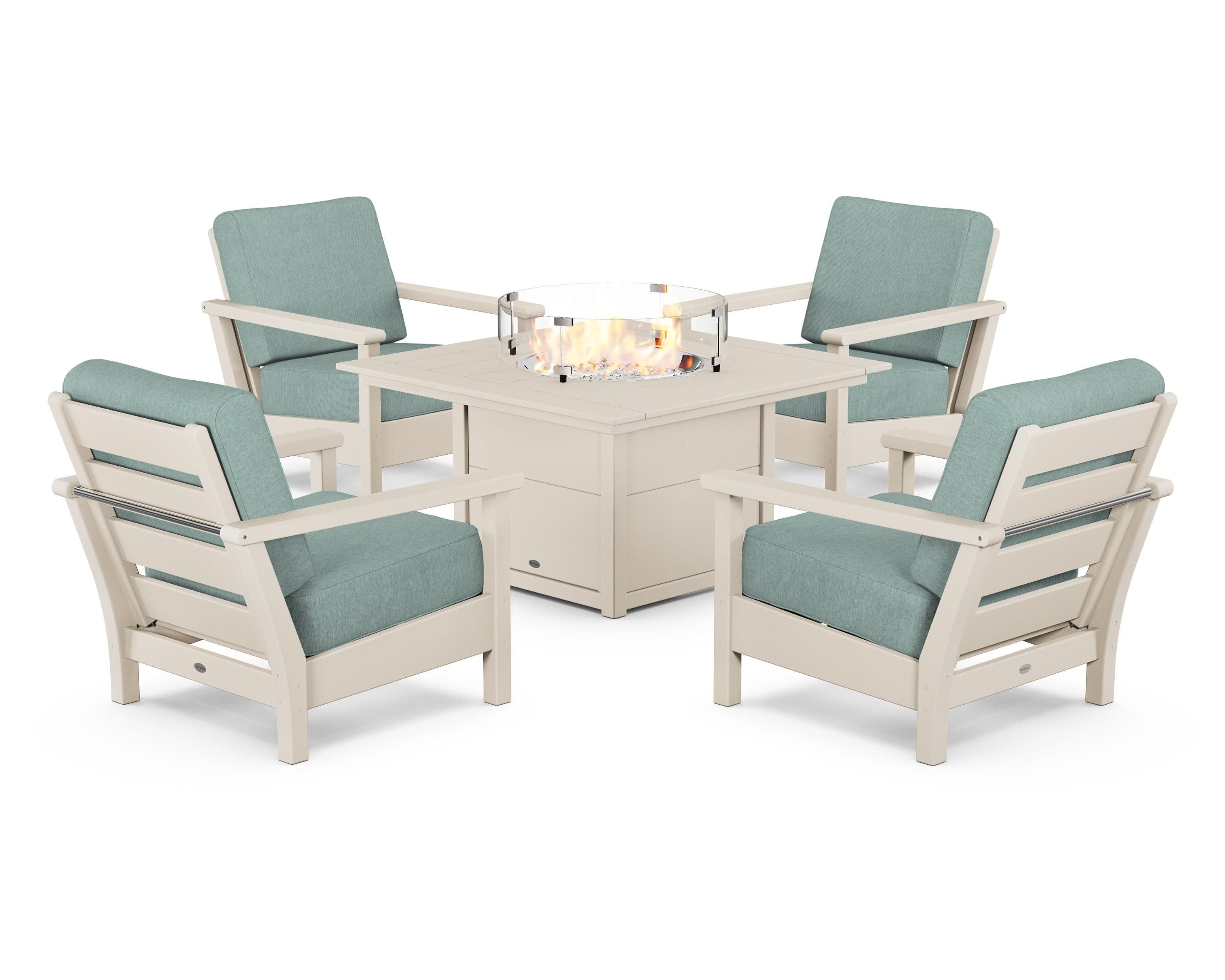 Harbour 5-Piece Conversation Set with Fire Pit Table in Sand / Glacier Spa