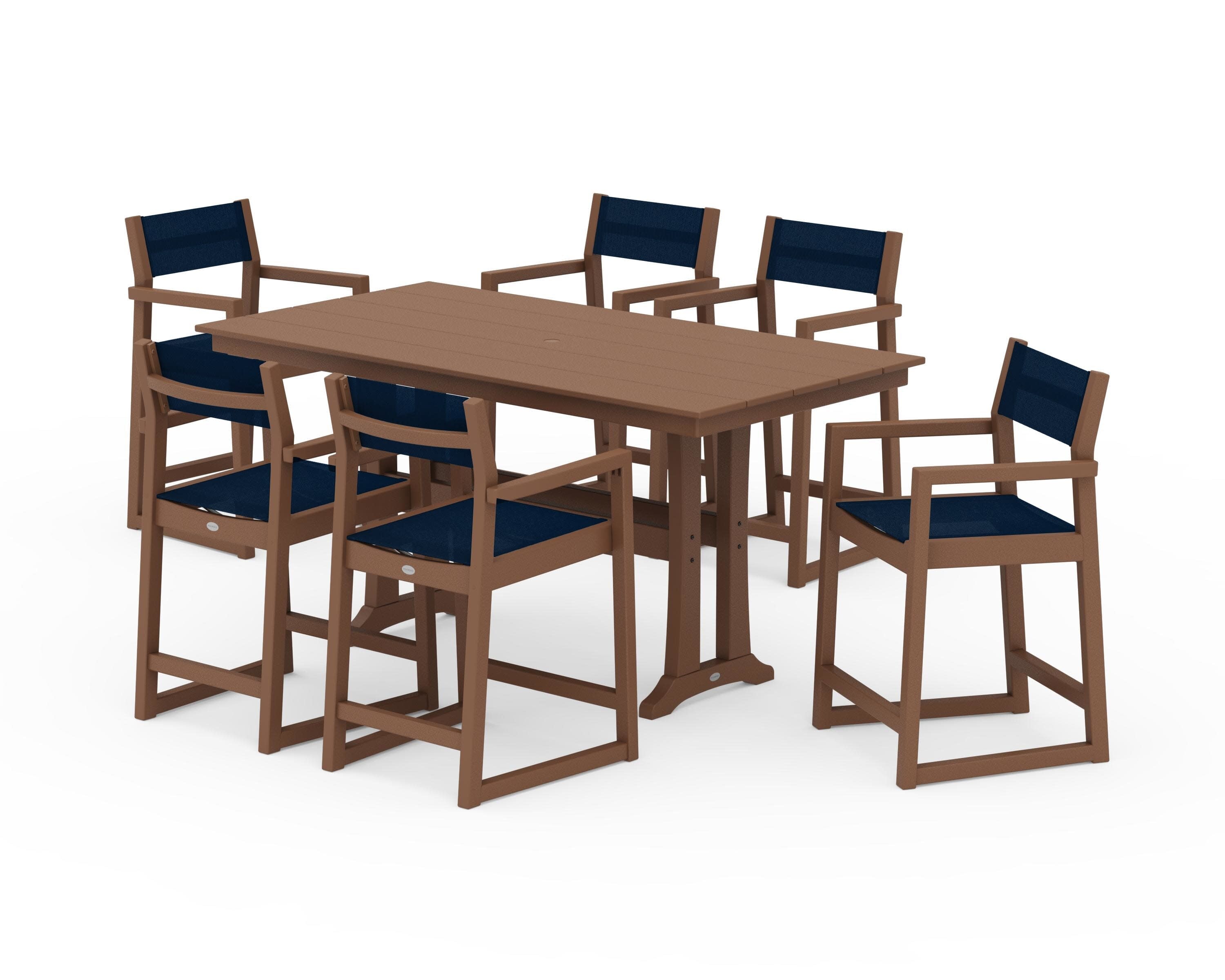 EDGE Sling Arm Chair 7-Piece Farmhouse Counter Set with Trestle Legs in Teak / Navy Blue Sling