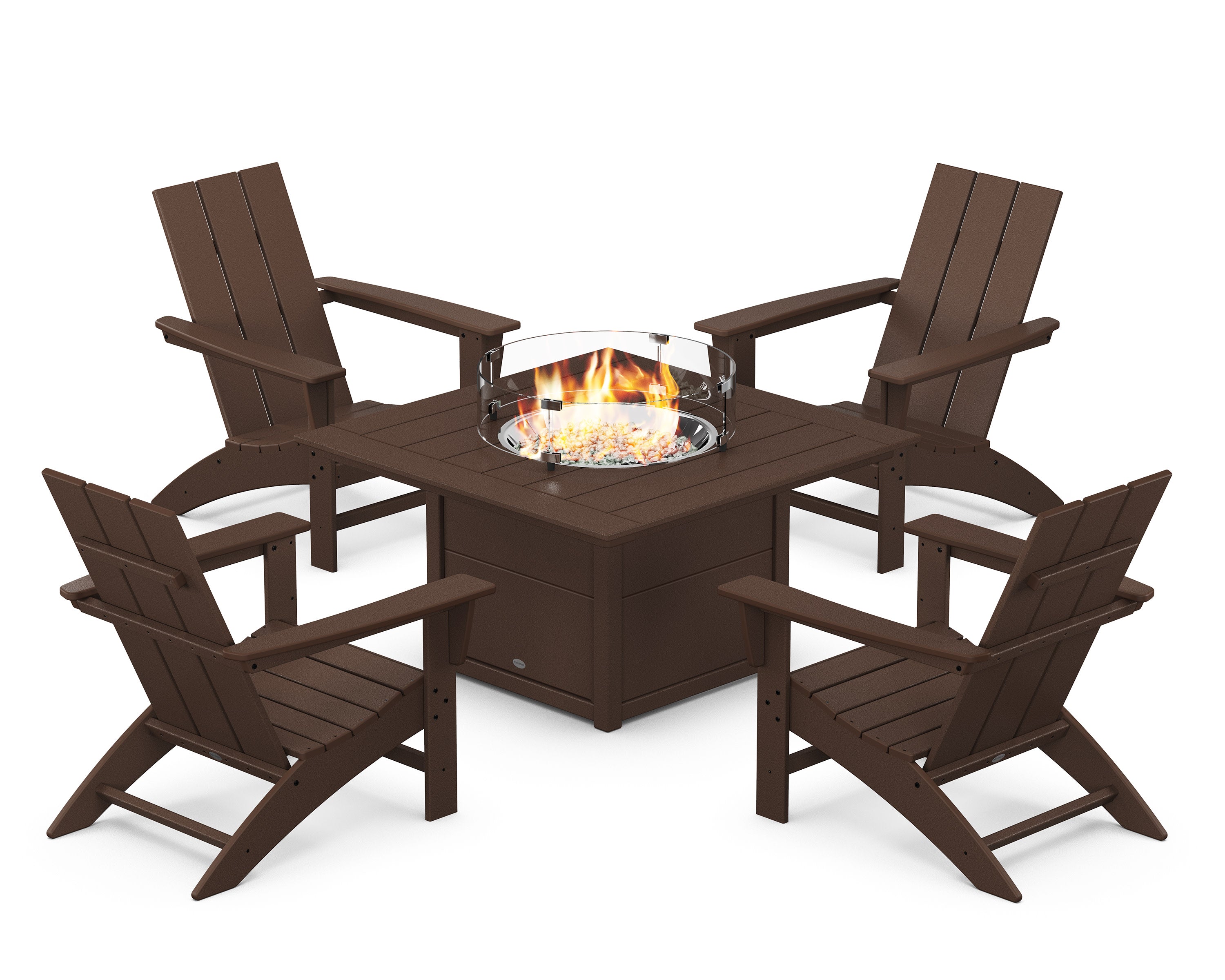 Modern 5-Piece Adirondack Chair Conversation Set with Fire Pit Table in Mahogany