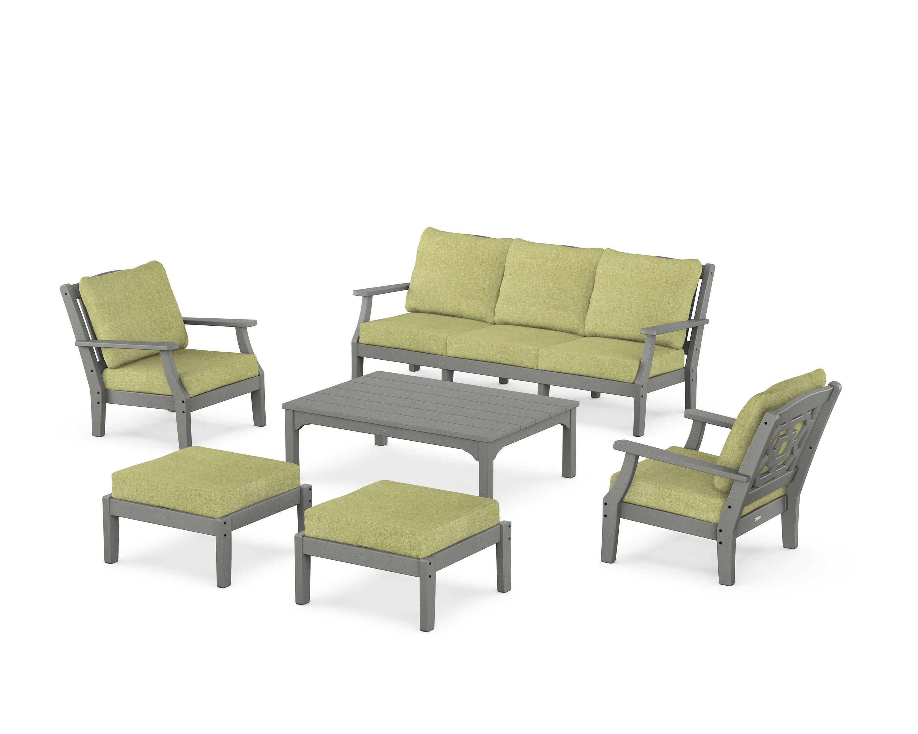 Chinoiserie 6-Piece Lounge Sofa Set in Slate Grey / Chartreuse Boucle