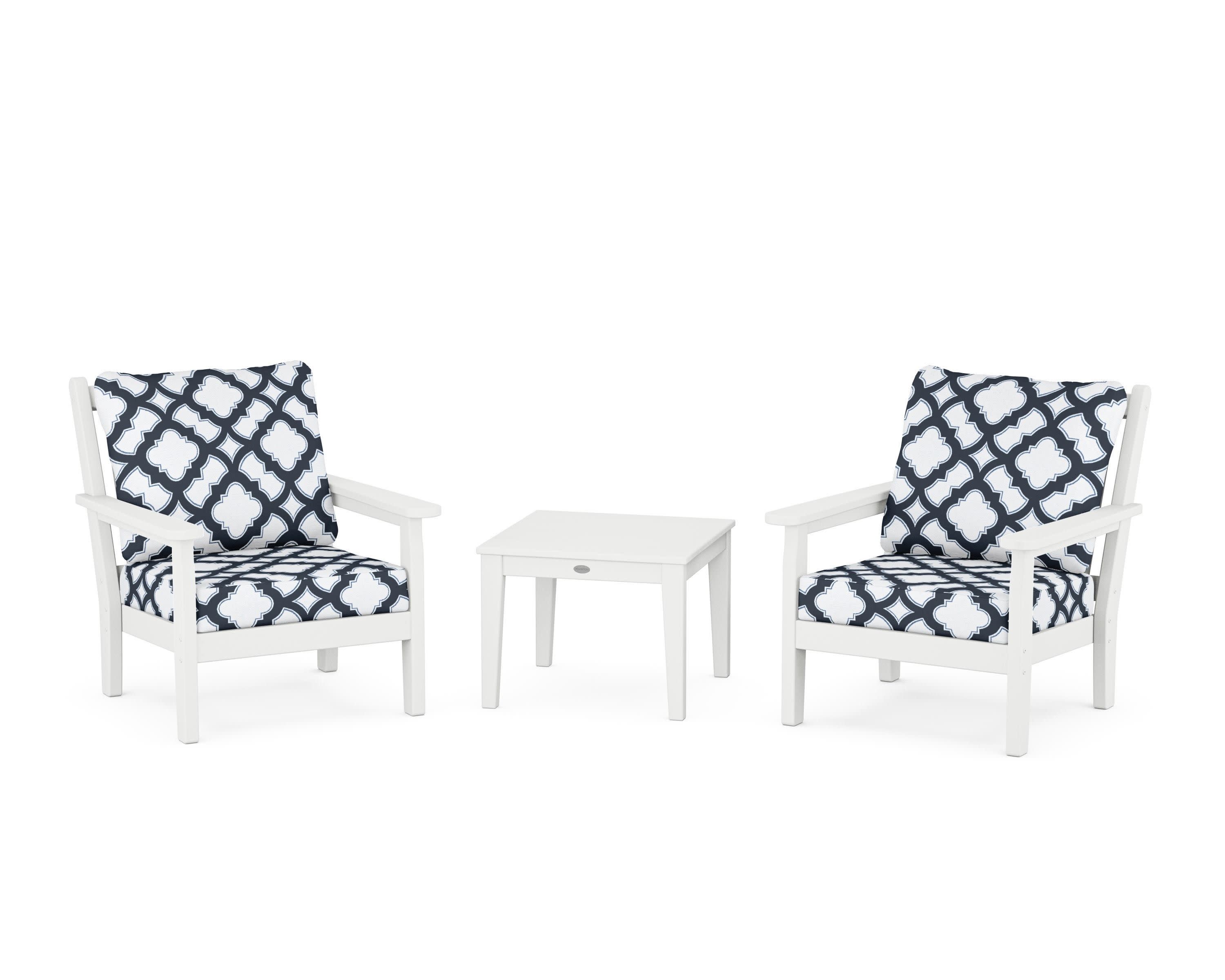 Chippendale 3-Piece Deep Seating Set in White / Trellis Marine Indigo